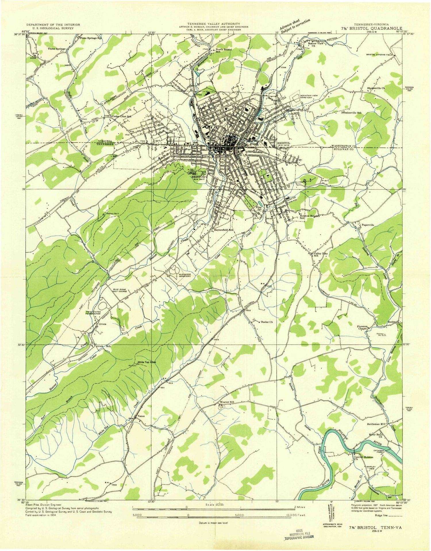 Classic USGS Bristol Tennessee 7.5'x7.5' Topo Map Image