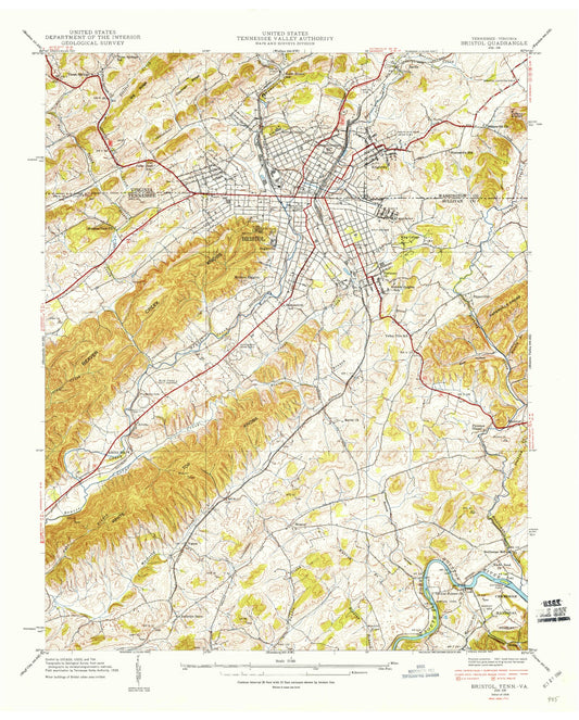 Classic USGS Bristol Tennessee 7.5'x7.5' Topo Map Image