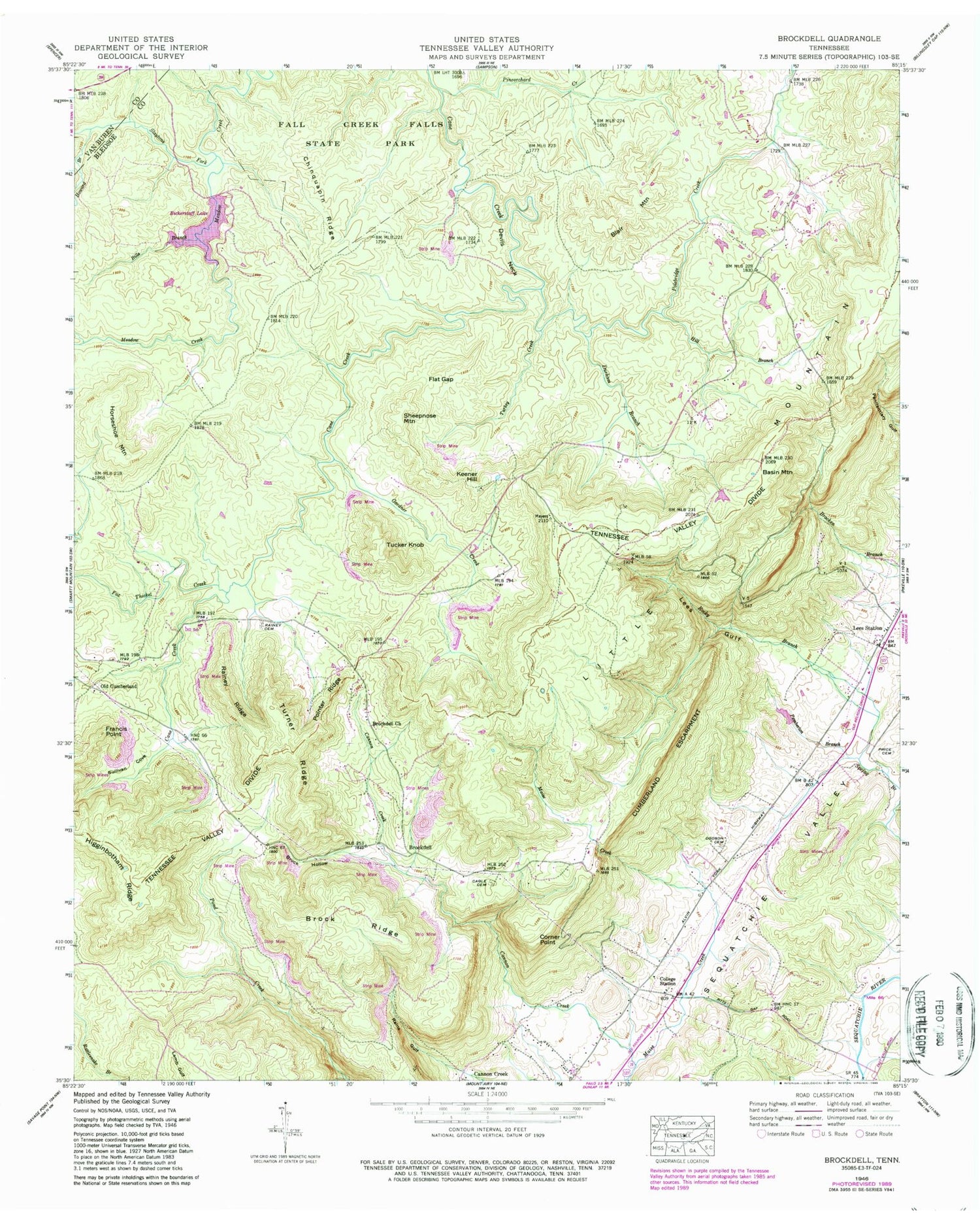 Classic USGS Brockdell Tennessee 7.5'x7.5' Topo Map Image