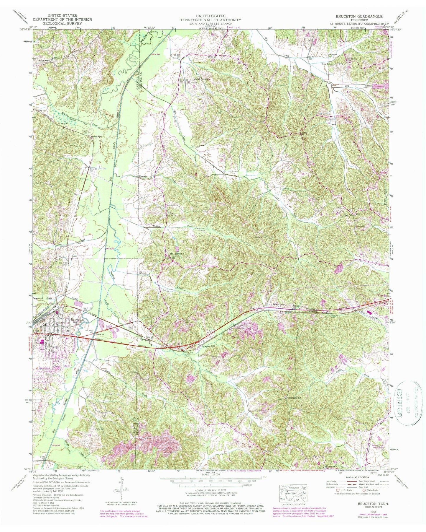Classic USGS Bruceton Tennessee 7.5'x7.5' Topo Map Image