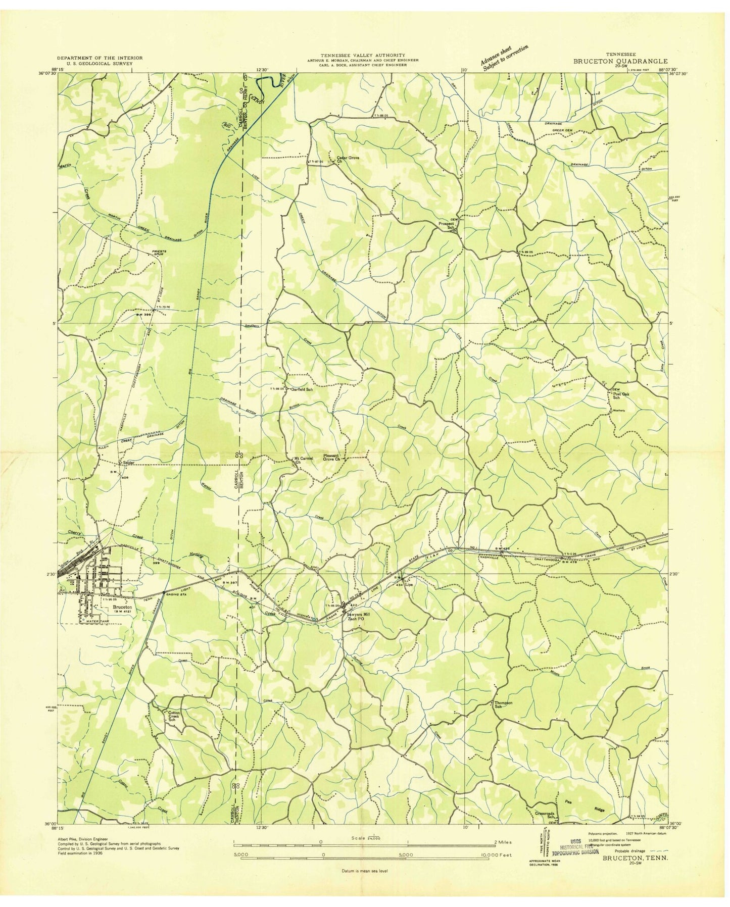 Classic USGS Bruceton Tennessee 7.5'x7.5' Topo Map Image