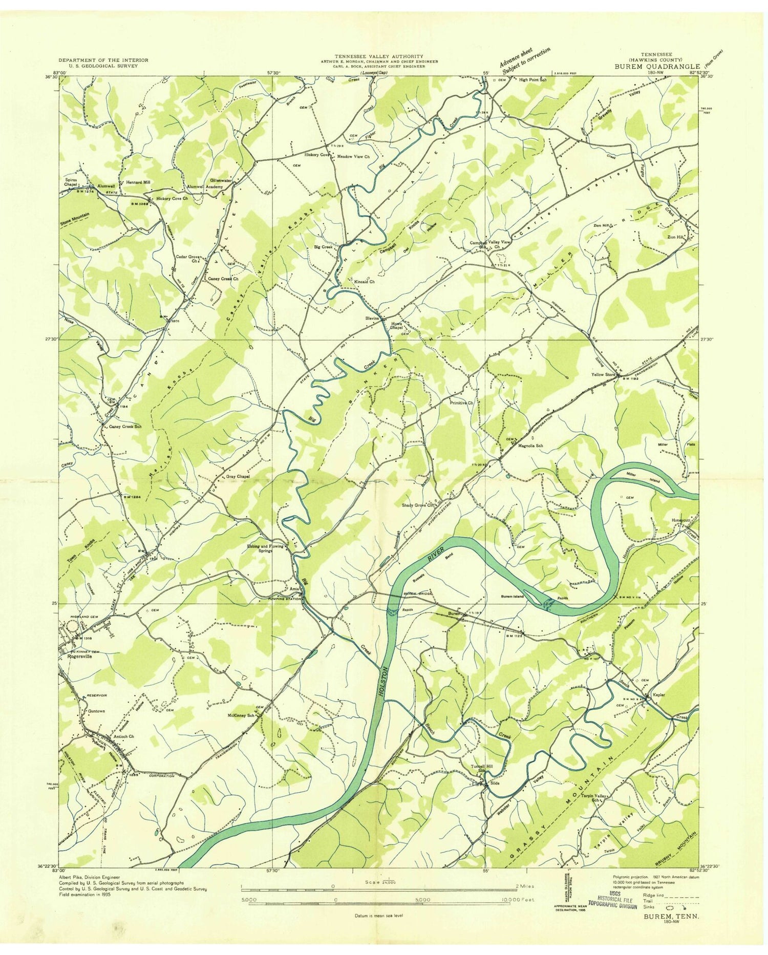 Classic USGS Burem Tennessee 7.5'x7.5' Topo Map Image