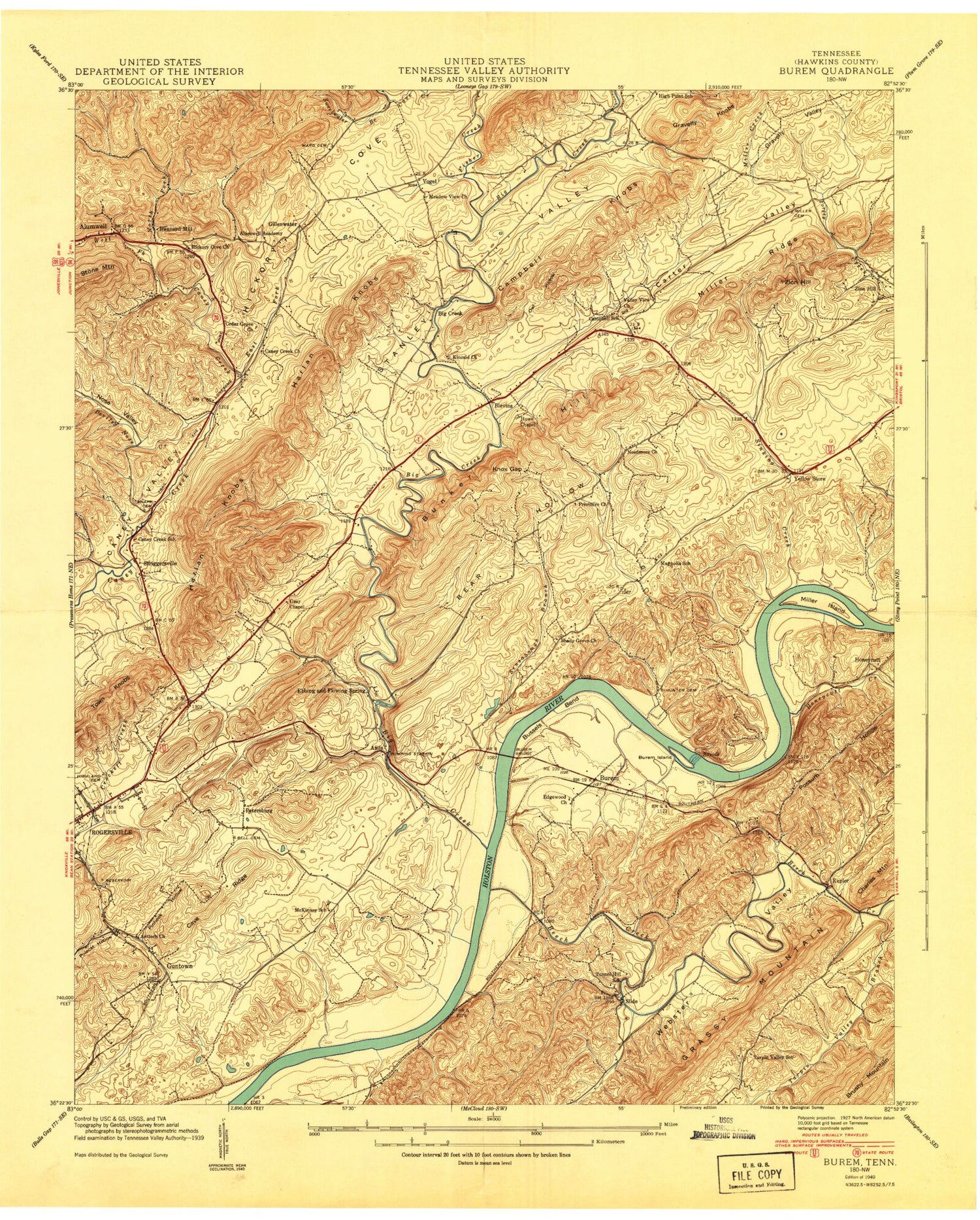 Classic USGS Burem Tennessee 7.5'x7.5' Topo Map Image