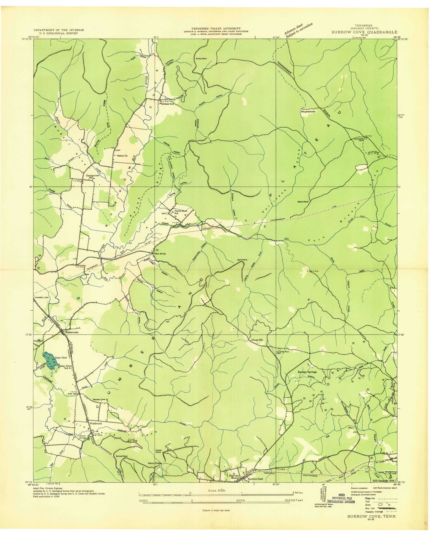 Classic USGS Burrow Cove Tennessee 7.5'x7.5' Topo Map Image