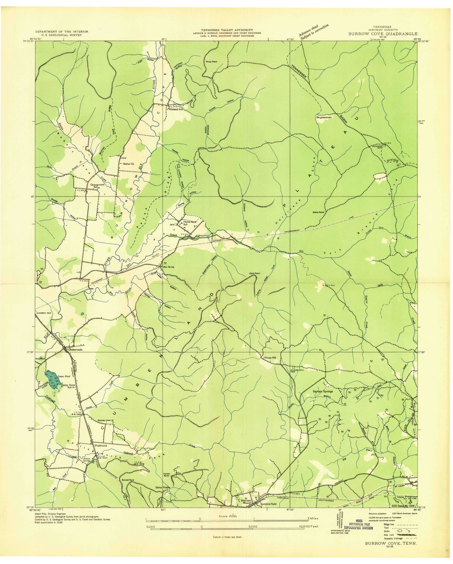 Classic USGS Burrow Cove Tennessee 7.5'x7.5' Topo Map Image