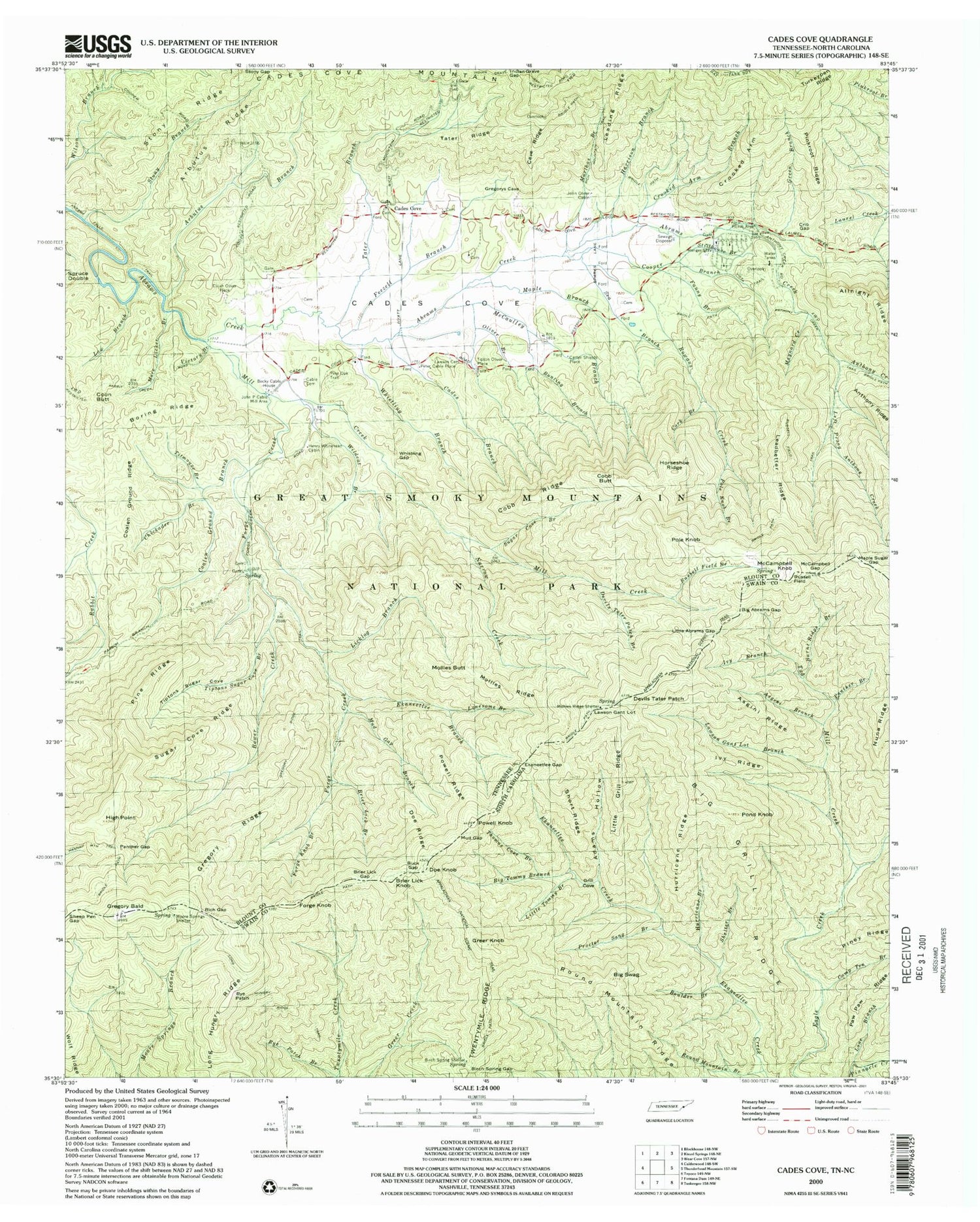 USGS Classic Cades Cove Tennessee 7.5'x7.5' Topo Map Image