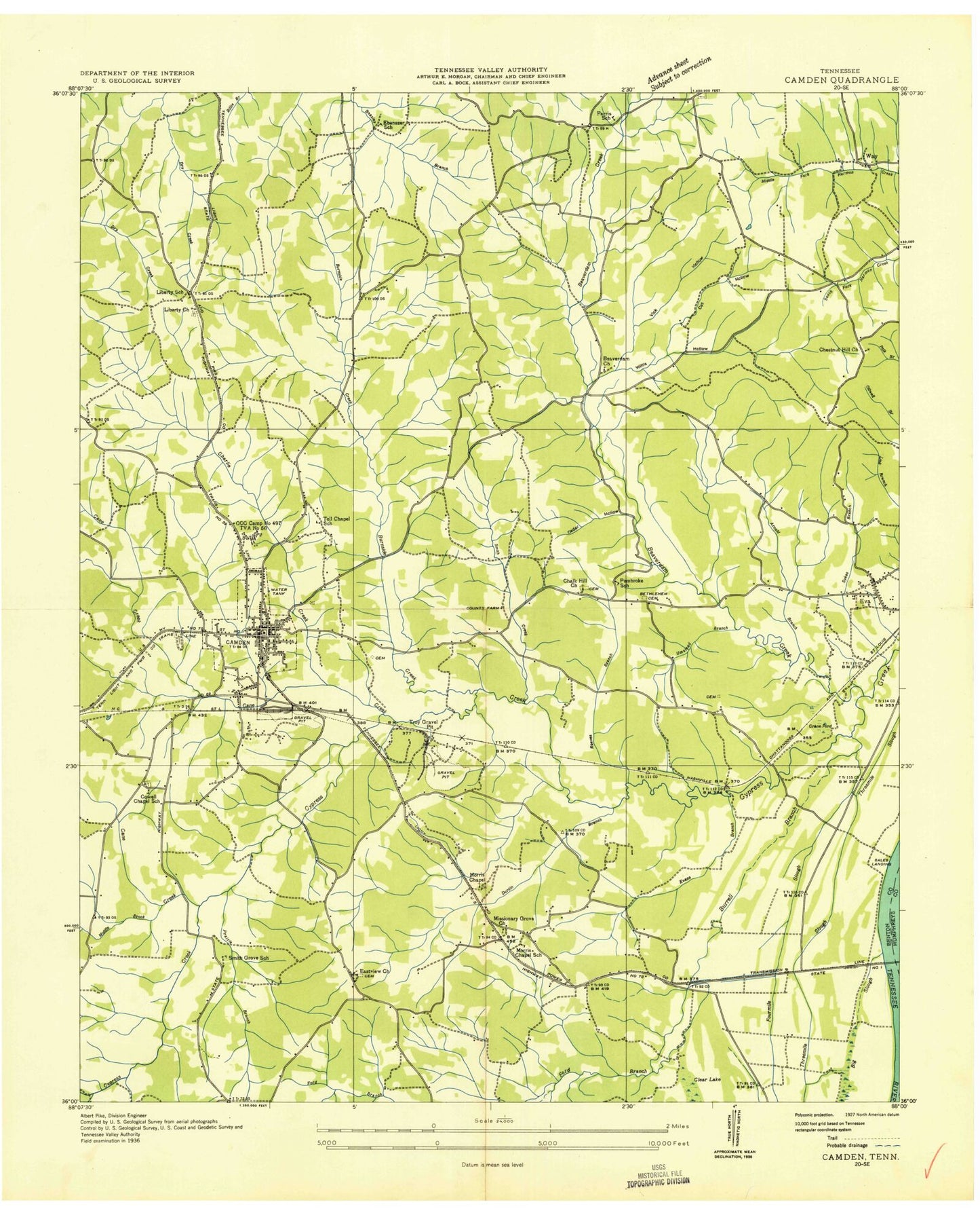 Classic USGS Camden Tennessee 7.5'x7.5' Topo Map Image