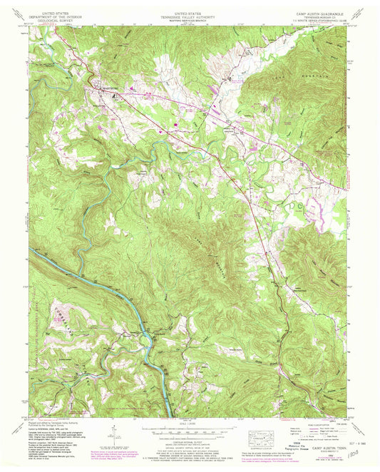Classic USGS Camp Austin Tennessee 7.5'x7.5' Topo Map Image