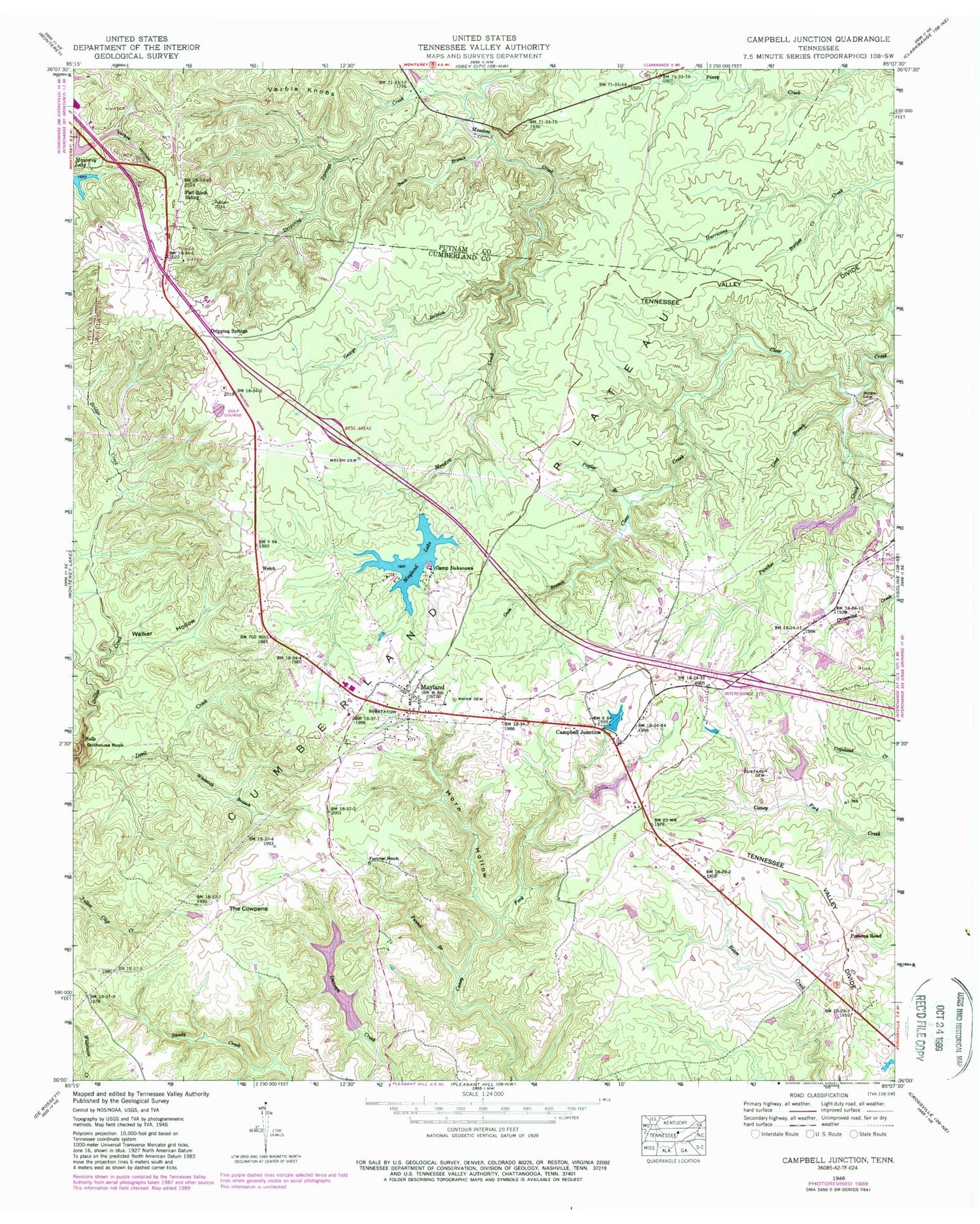 Classic USGS Campbell Junction Tennessee 7.5'x7.5' Topo Map Image