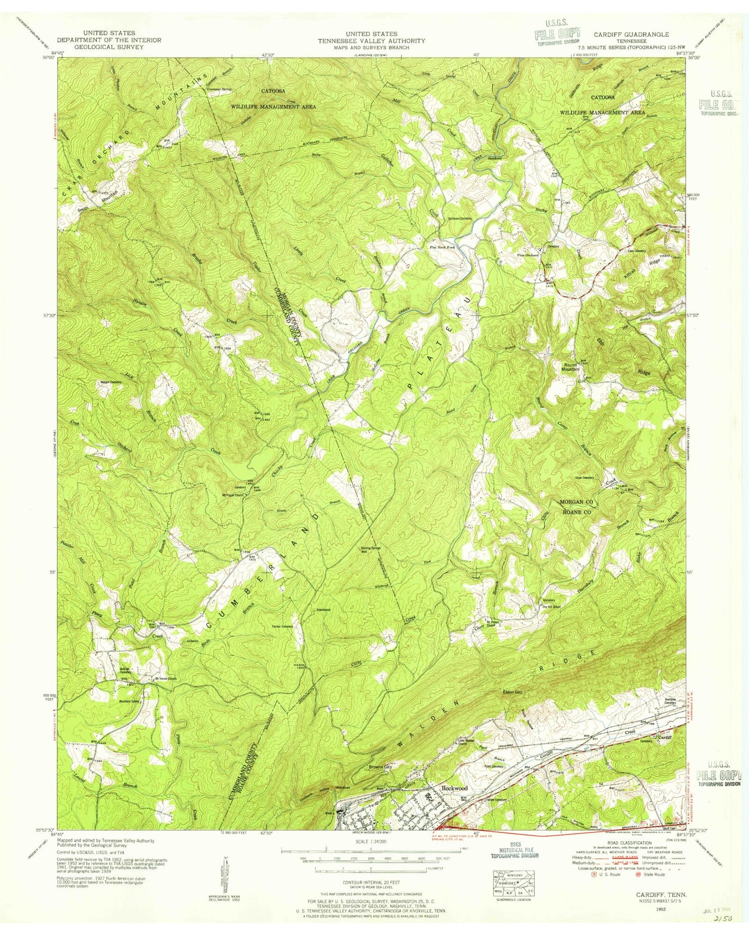 Classic USGS Cardiff Tennessee 7.5'x7.5' Topo Map Image