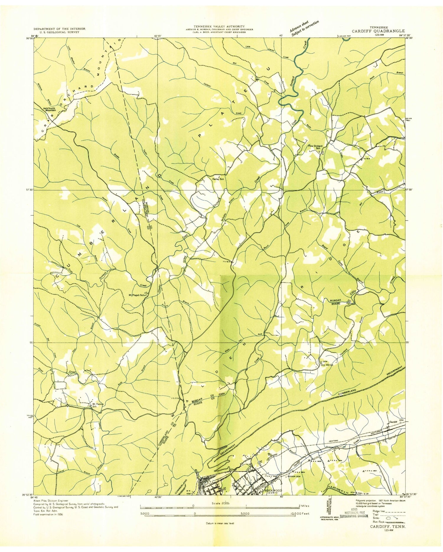 Classic USGS Cardiff Tennessee 7.5'x7.5' Topo Map Image