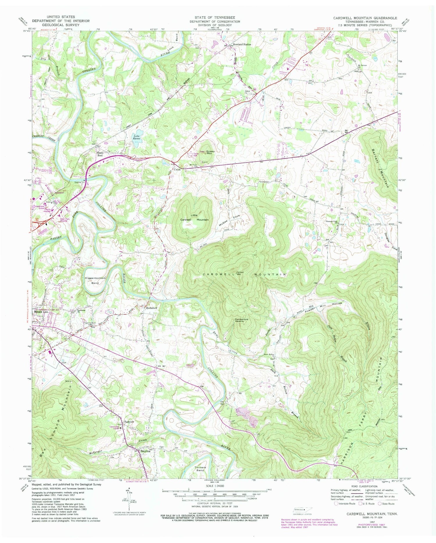 Classic USGS Cardwell Mountain Tennessee 7.5'x7.5' Topo Map Image