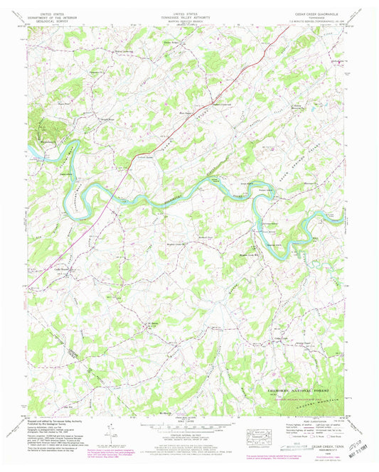 Classic USGS Cedar Creek Tennessee 7.5'x7.5' Topo Map Image