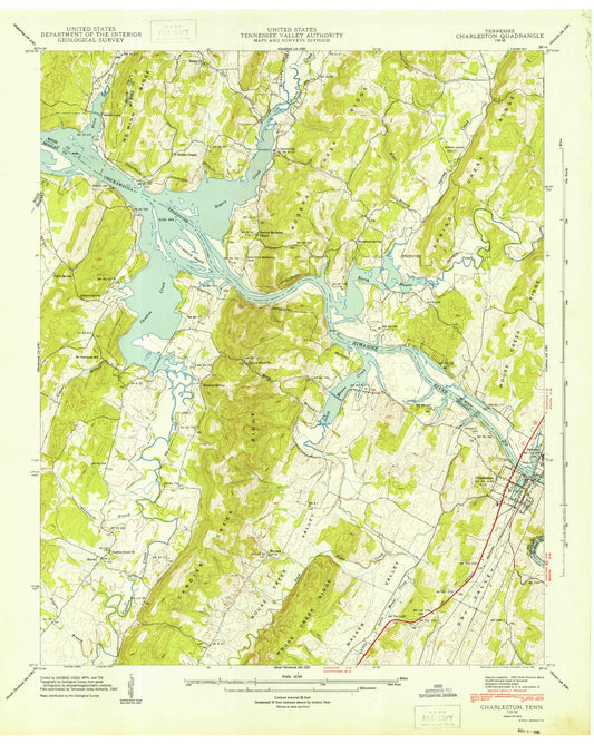 Classic USGS Charleston Tennessee 7.5'x7.5' Topo Map Image