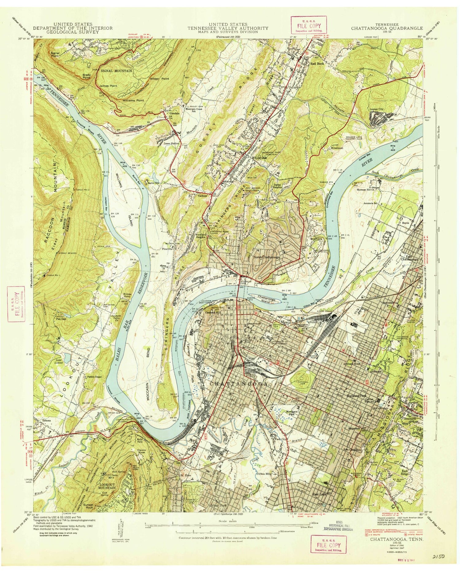 Classic USGS Chattanooga Tennessee 7.5'x7.5' Topo Map Image