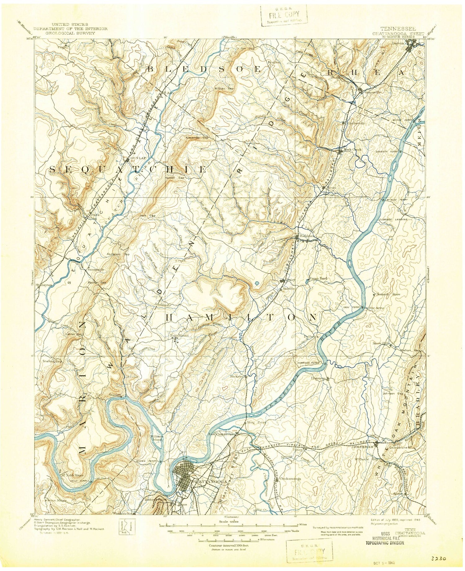 Historic 1893 Chattnooga Tennessee 30'x30' Topo Map Image