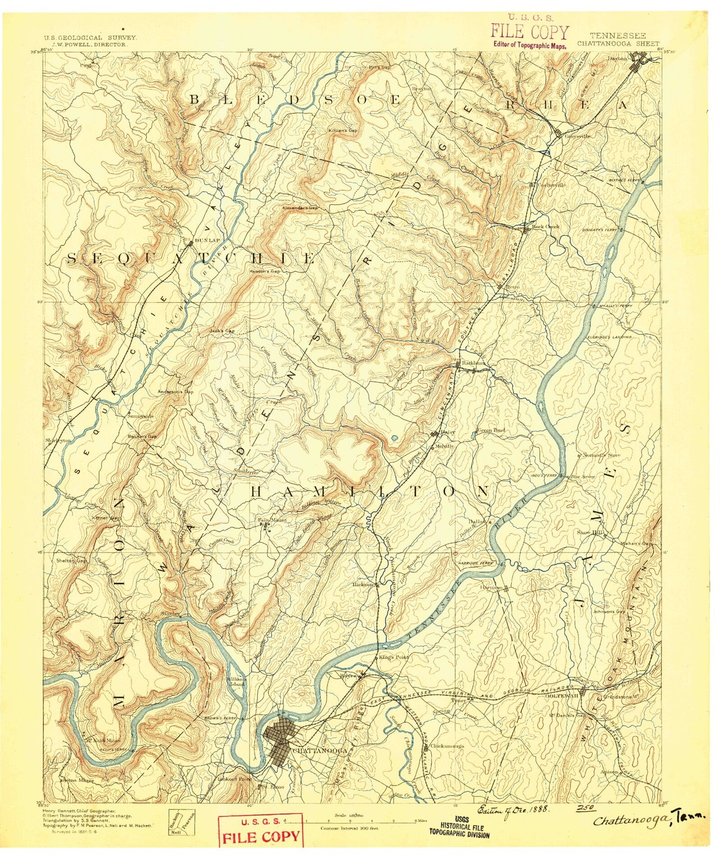 Historic 1888 Chattnooga Tennessee 30'x30' Topo Map Image