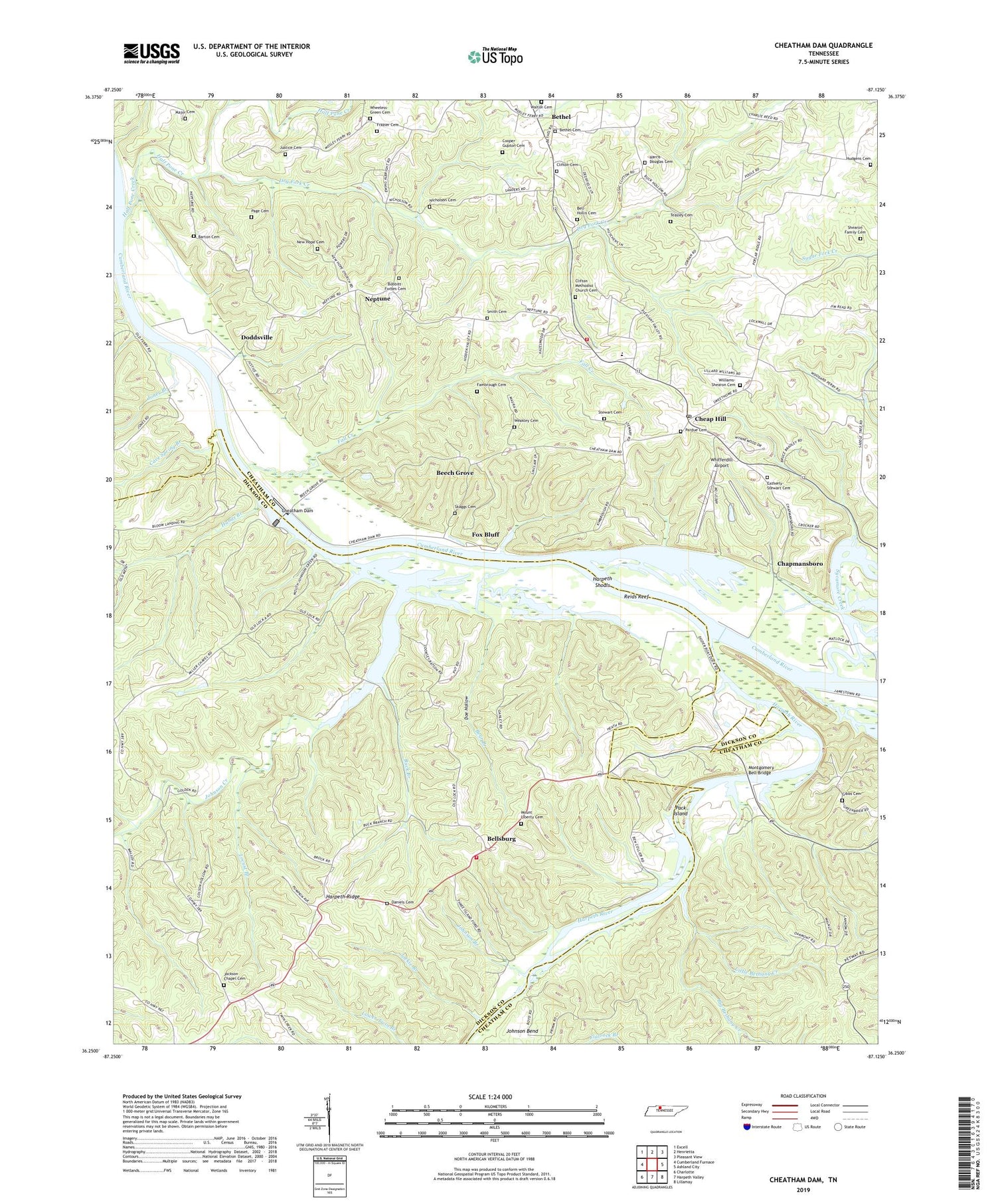 Cheatham Dam Tennessee US Topo Map Image