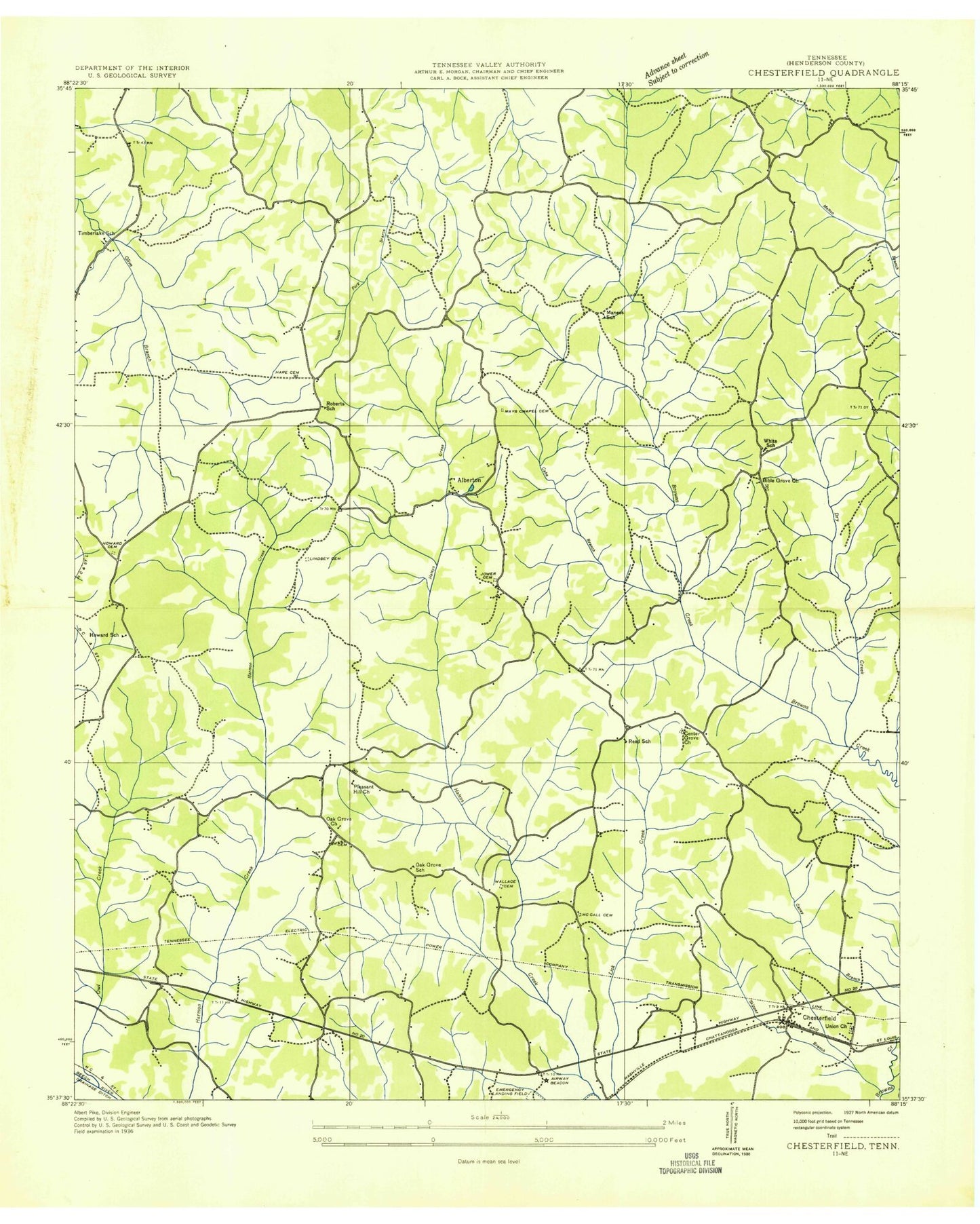 Classic USGS Chesterfield Tennessee 7.5'x7.5' Topo Map Image