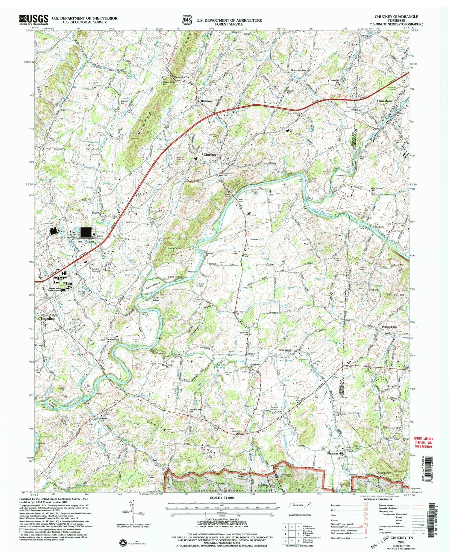 Classic USGS Chuckey Tennessee 7.5'x7.5' Topo Map Image