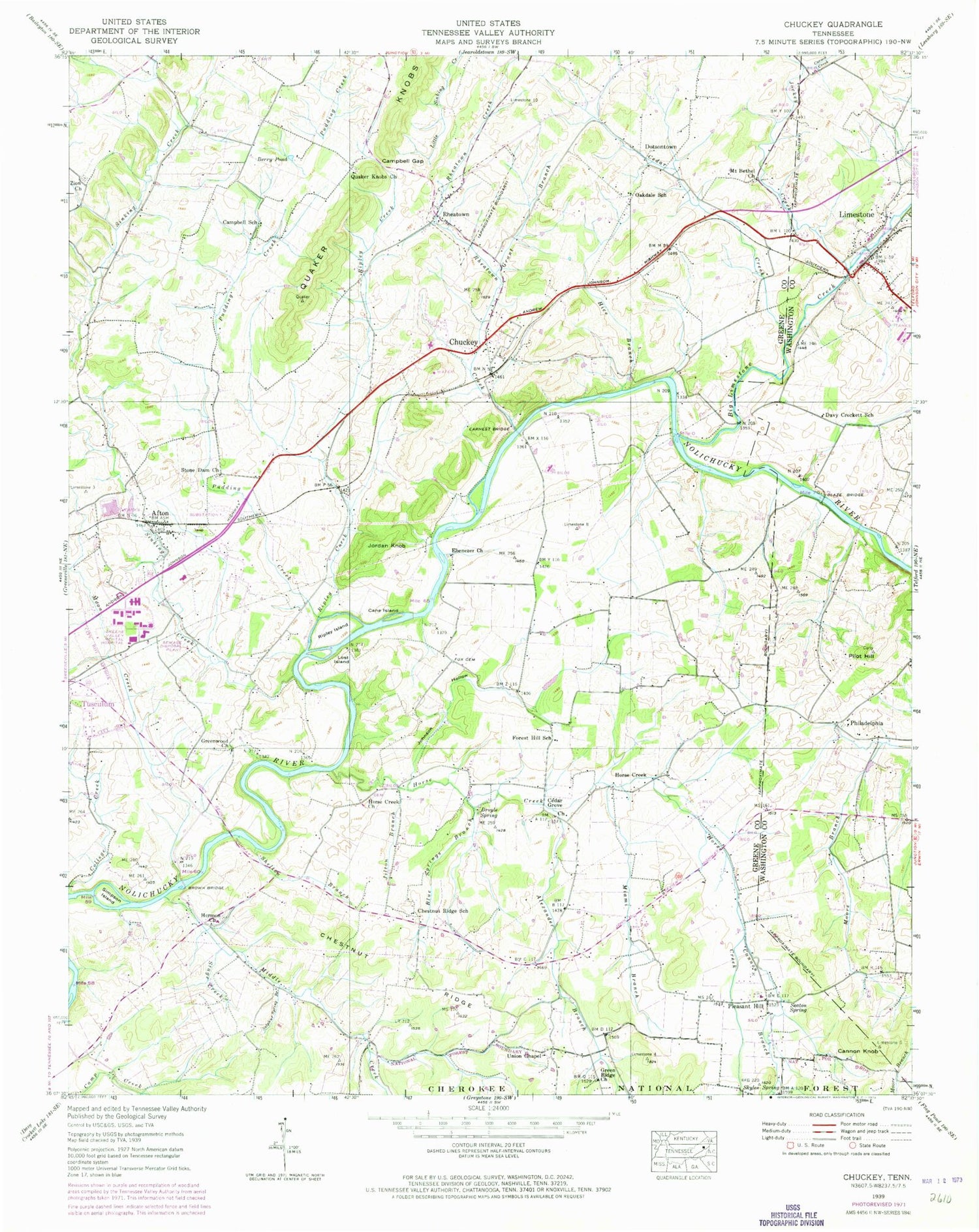 Classic USGS Chuckey Tennessee 7.5'x7.5' Topo Map Image