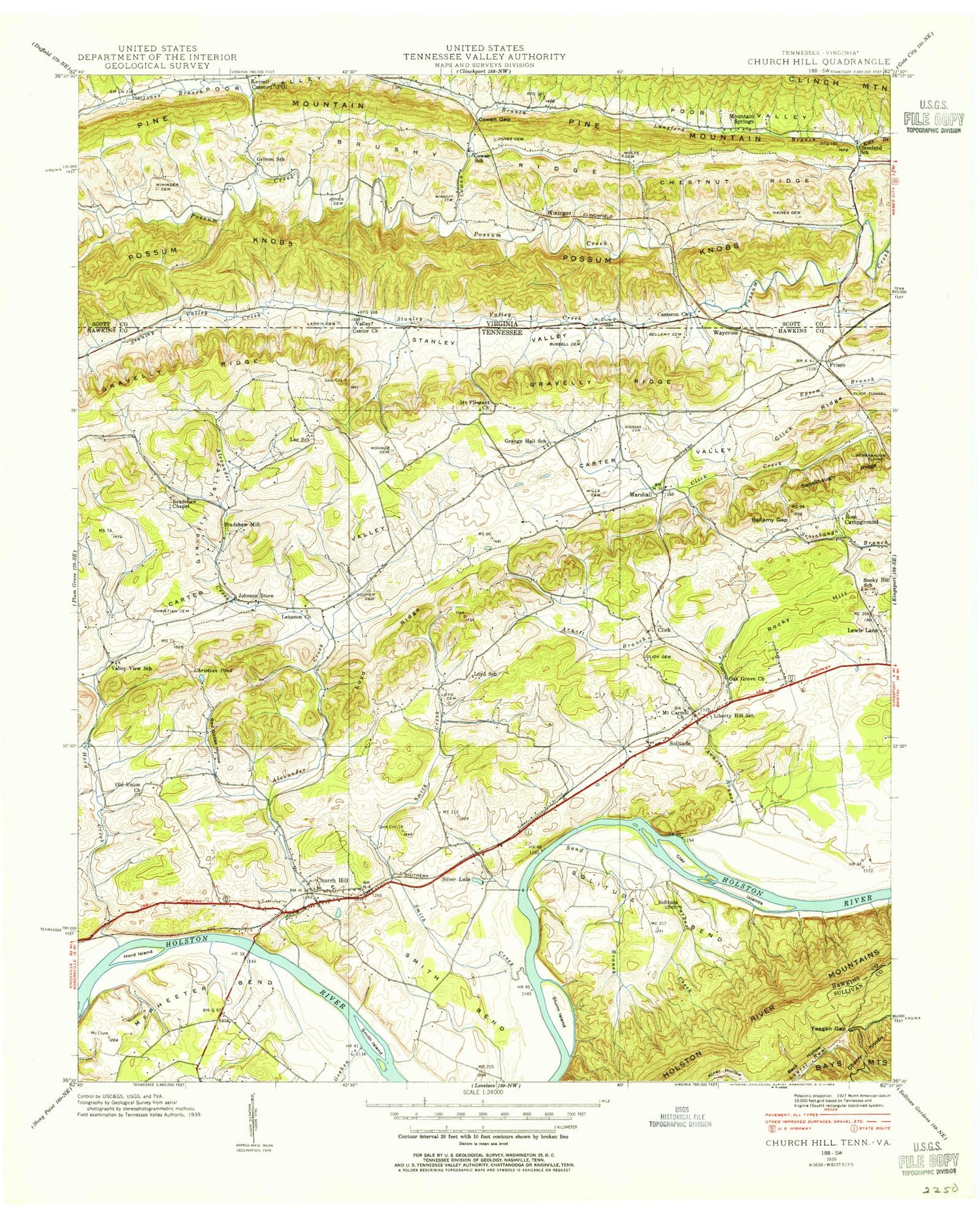 Classic USGS Church Hill Tennessee 7.5'x7.5' Topo Map Image