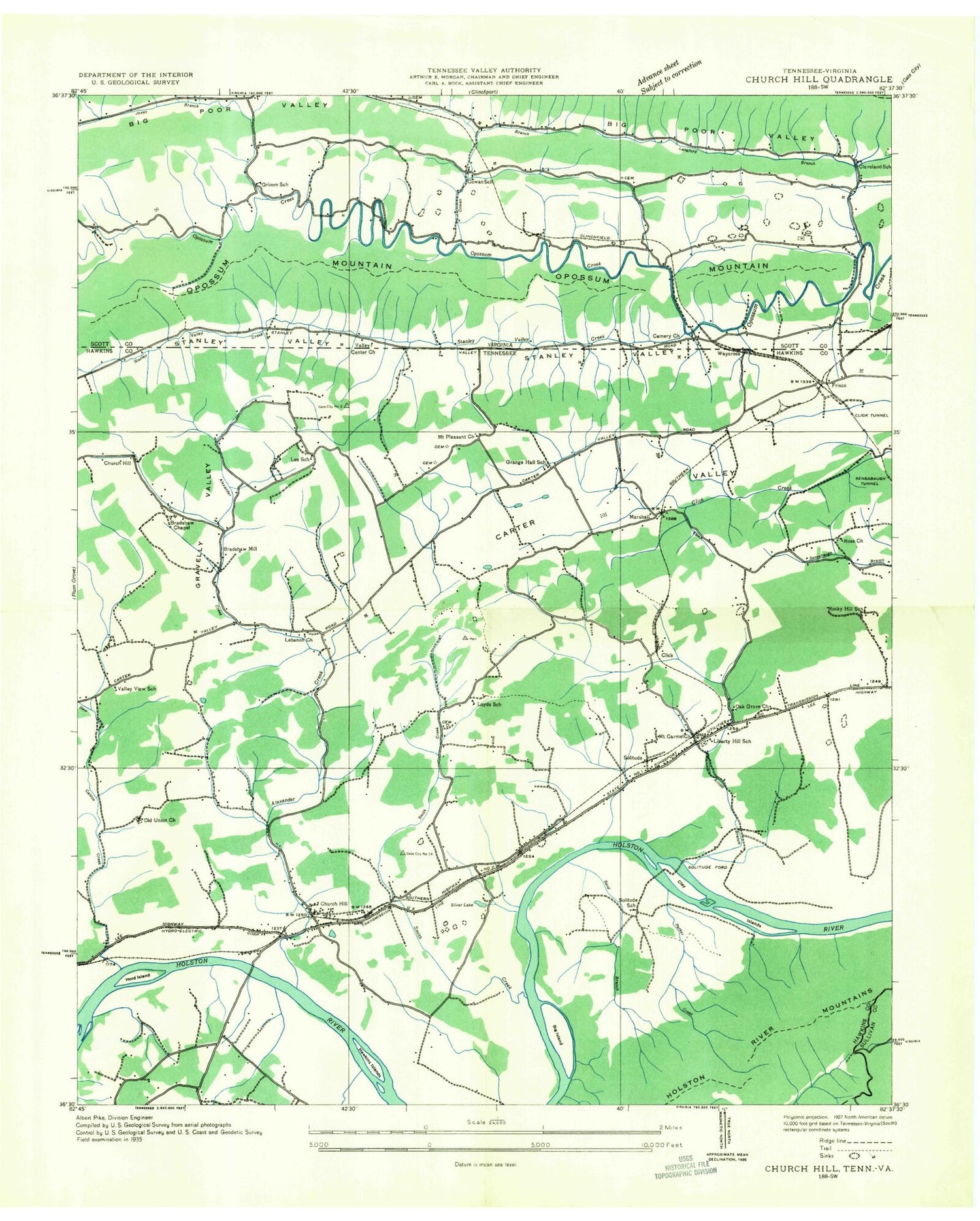Classic USGS Church Hill Tennessee 7.5'x7.5' Topo Map Image