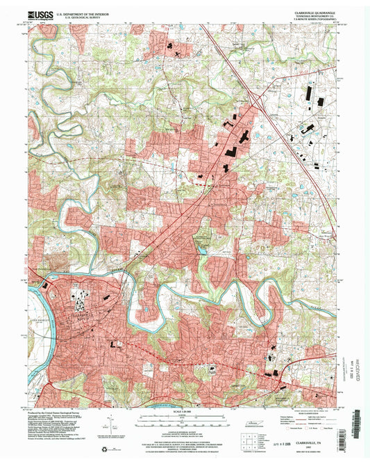 Classic USGS Clarksville Tennessee 7.5'x7.5' Topo Map Image