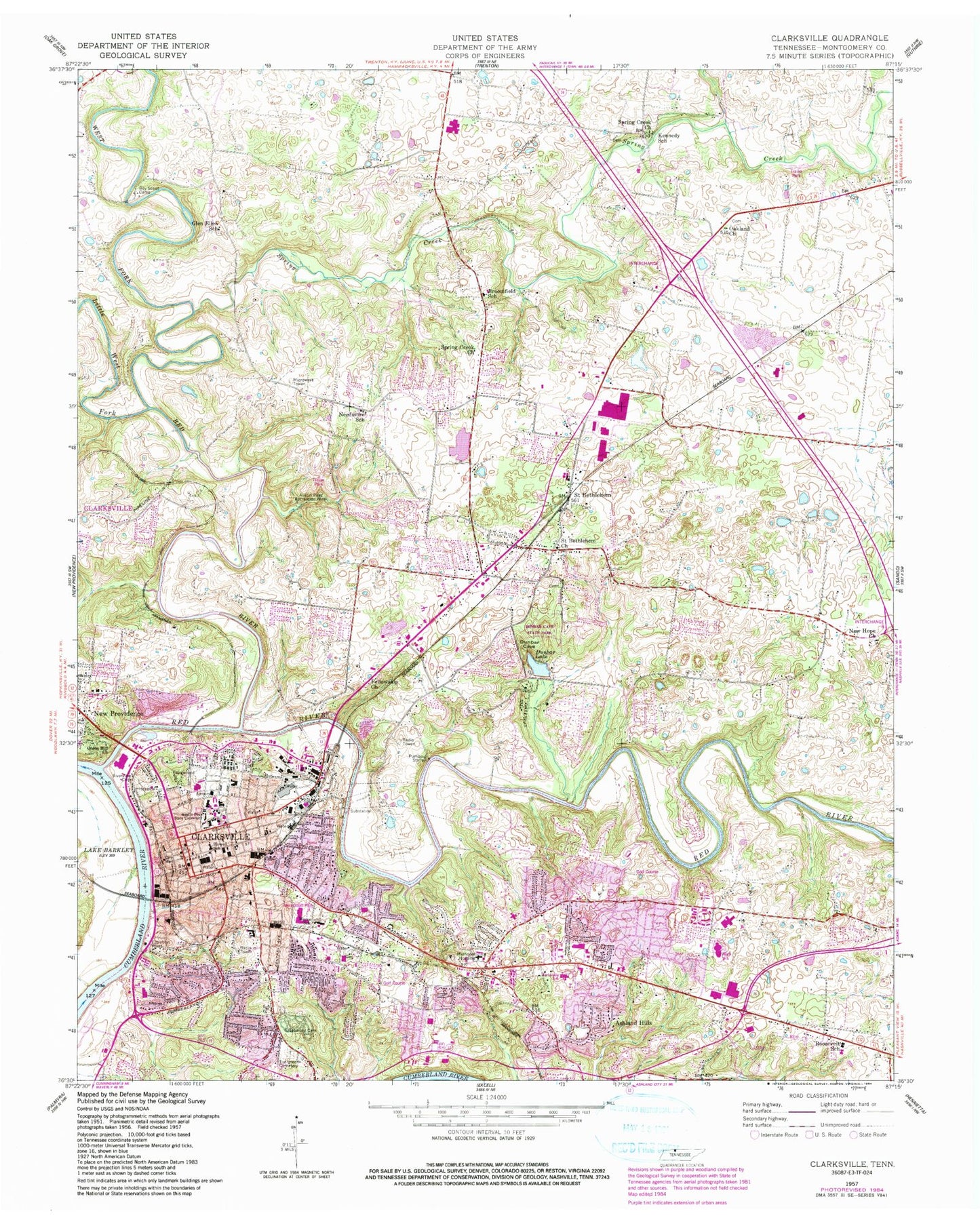Classic USGS Clarksville Tennessee 7.5'x7.5' Topo Map Image
