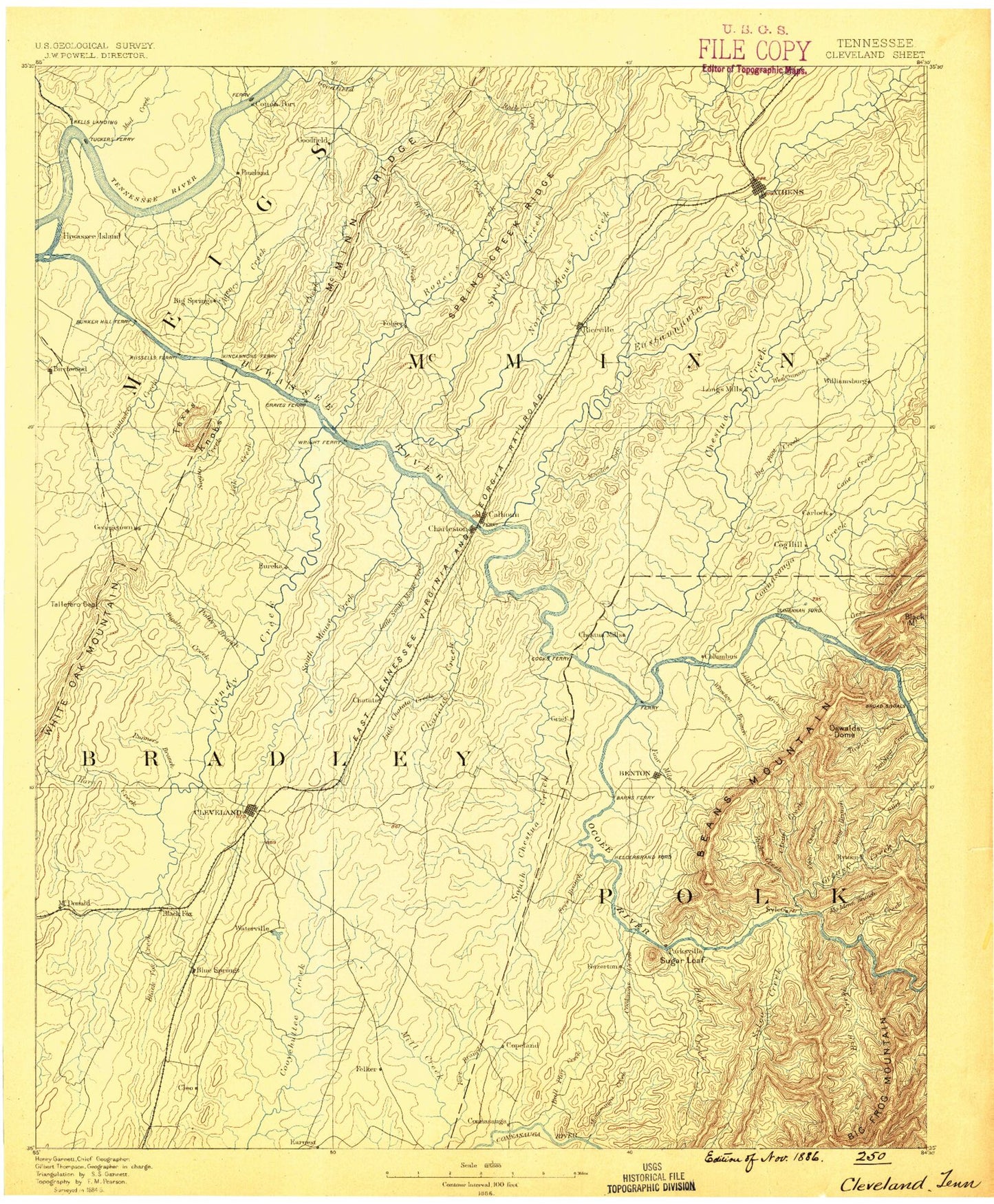 Historic 1886 Cleveland Tennessee 30'x30' Topo Map Image