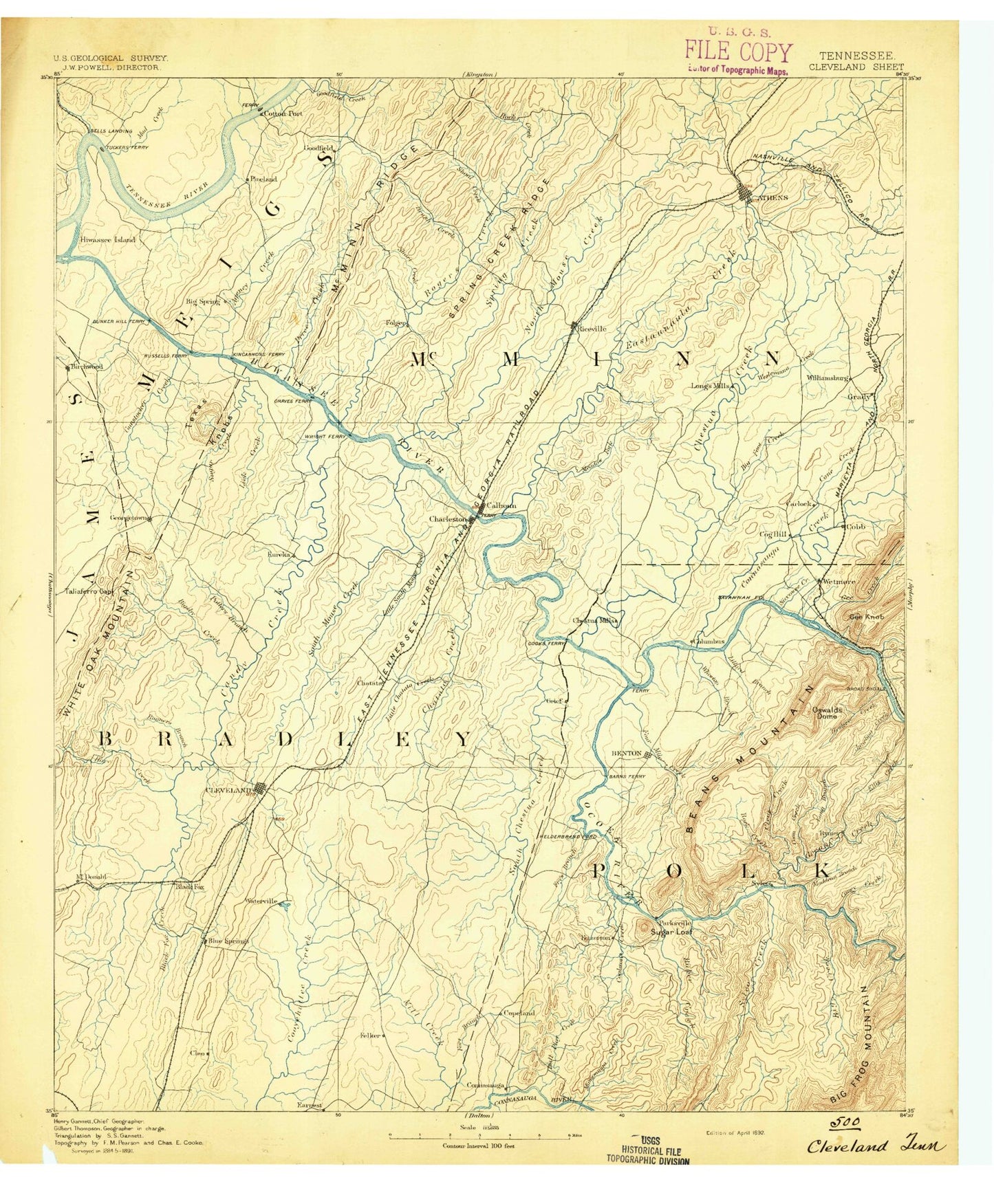 Historic 1892 Cleveland Tennessee 30'x30' Topo Map Image