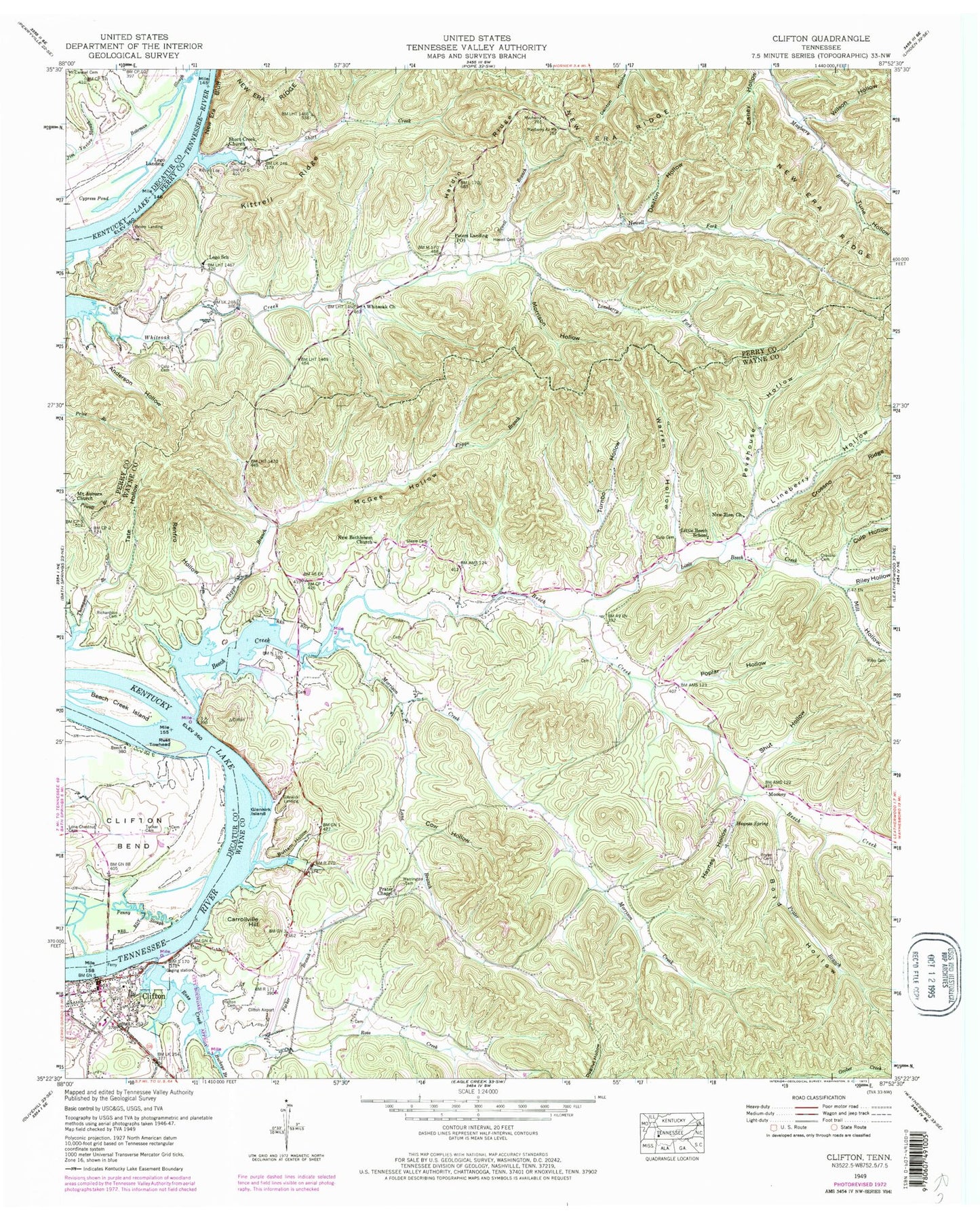 Classic USGS Clifton Tennessee 7.5'x7.5' Topo Map Image