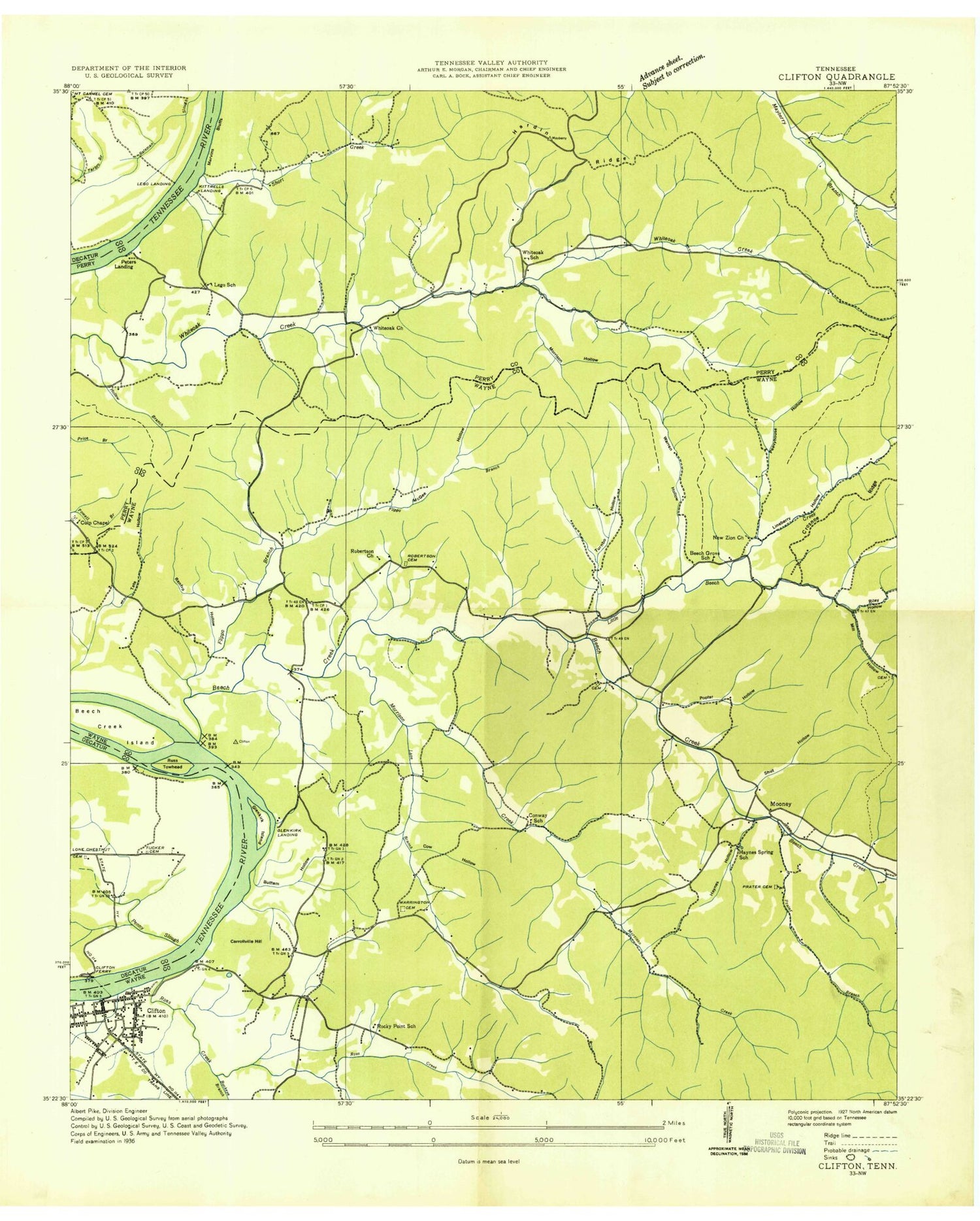 Classic USGS Clifton Tennessee 7.5'x7.5' Topo Map Image