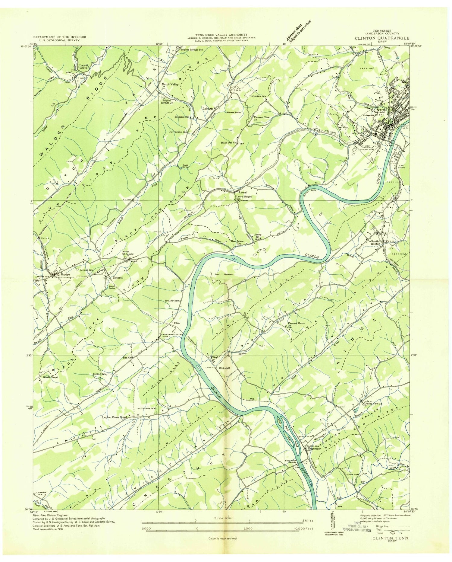 Classic USGS Clinton Tennessee 7.5'x7.5' Topo Map Image