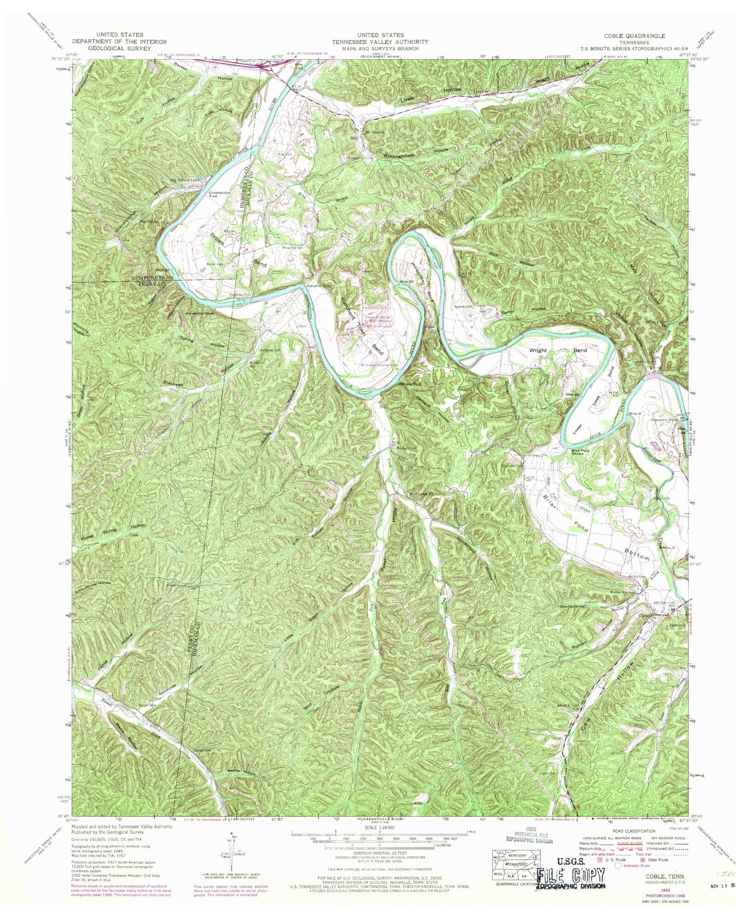 Classic USGS Coble Tennessee 7.5'x7.5' Topo Map Image