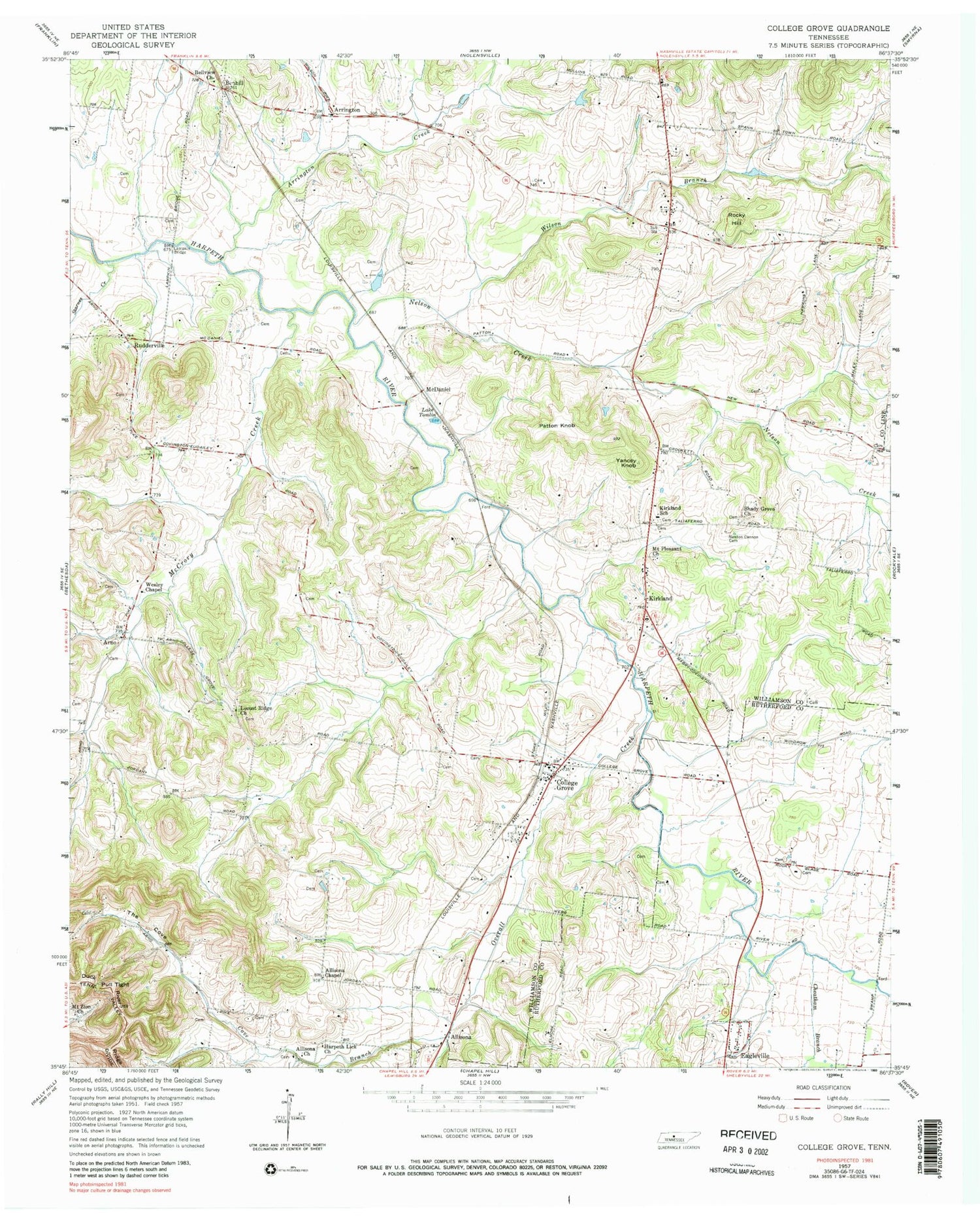 Classic USGS College Grove Tennessee 7.5'x7.5' Topo Map Image