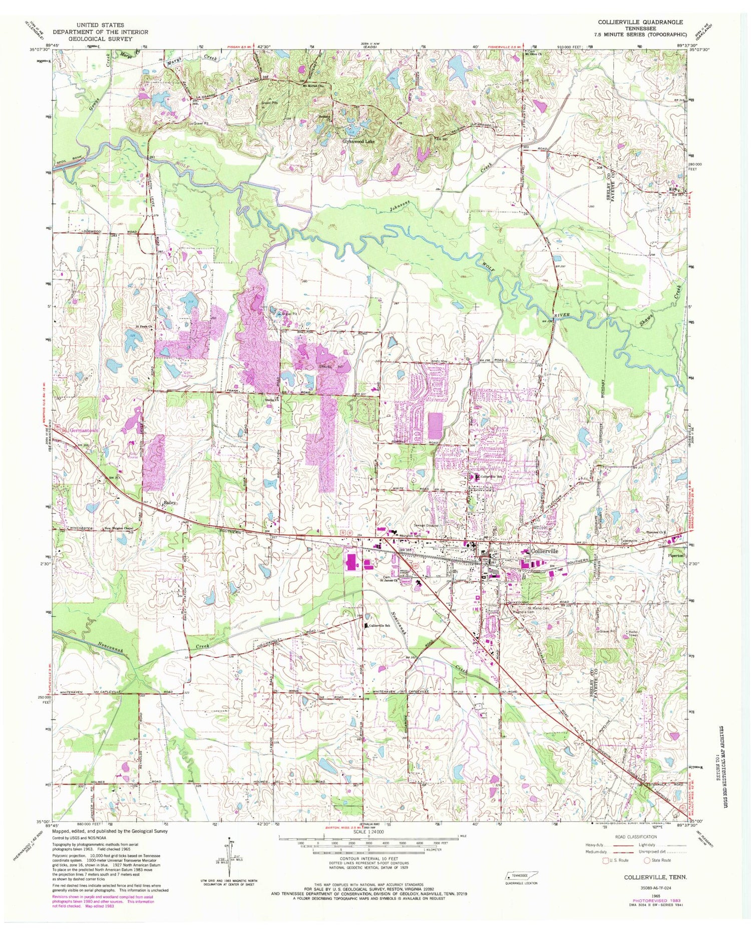 Classic USGS Collierville Tennessee 7.5'x7.5' Topo Map Image