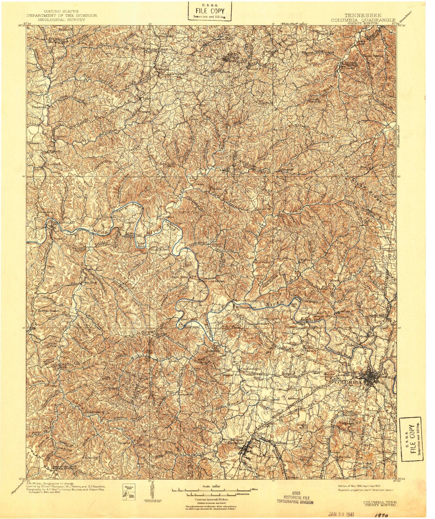 Historic 1901 Columbia Tennessee 30'x30' Topo Map Image