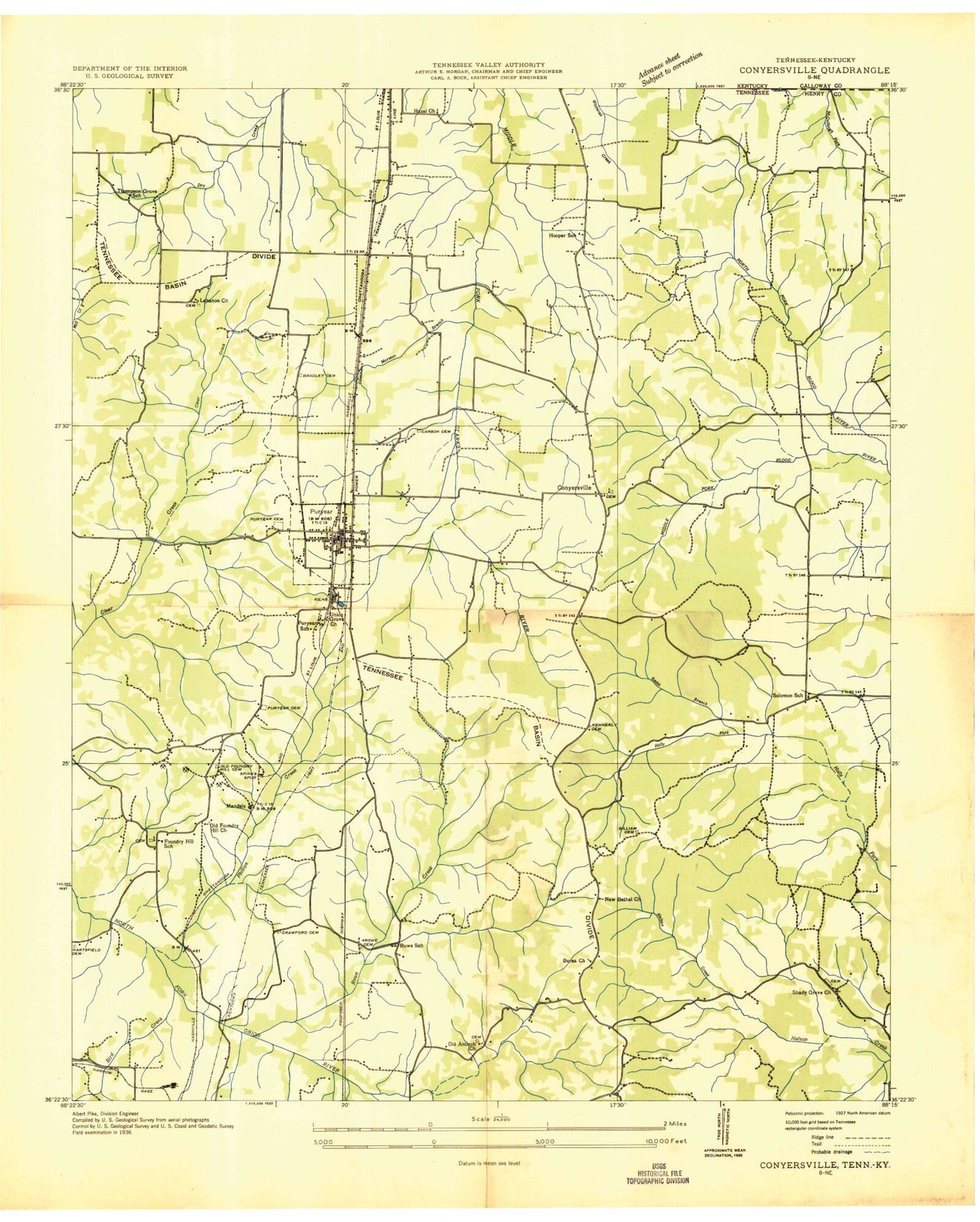 Classic USGS Puryear Tennessee 7.5'x7.5' Topo Map Image