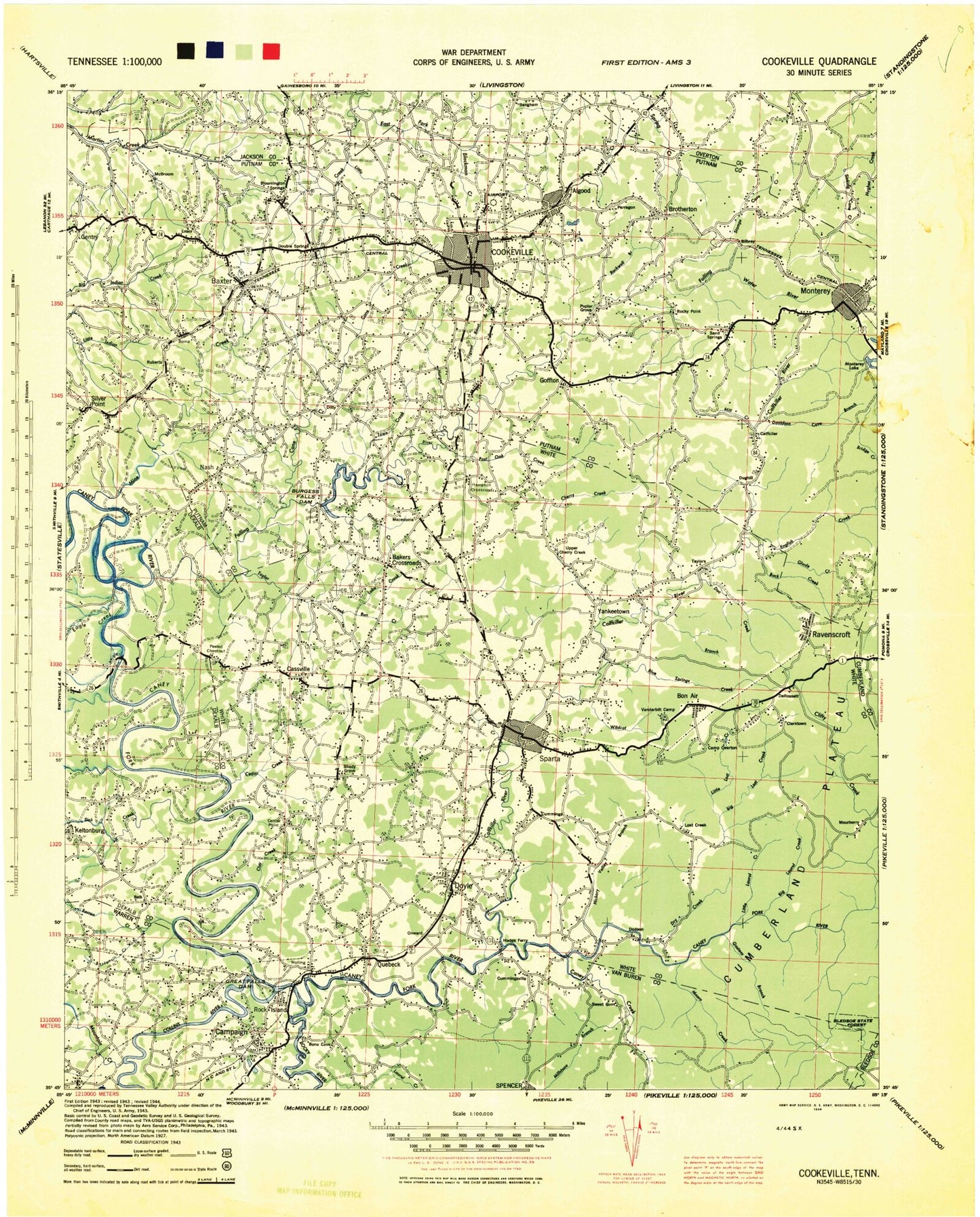 Historic 1944 Cookeville Tennessee 30'x30' Topo Map Image