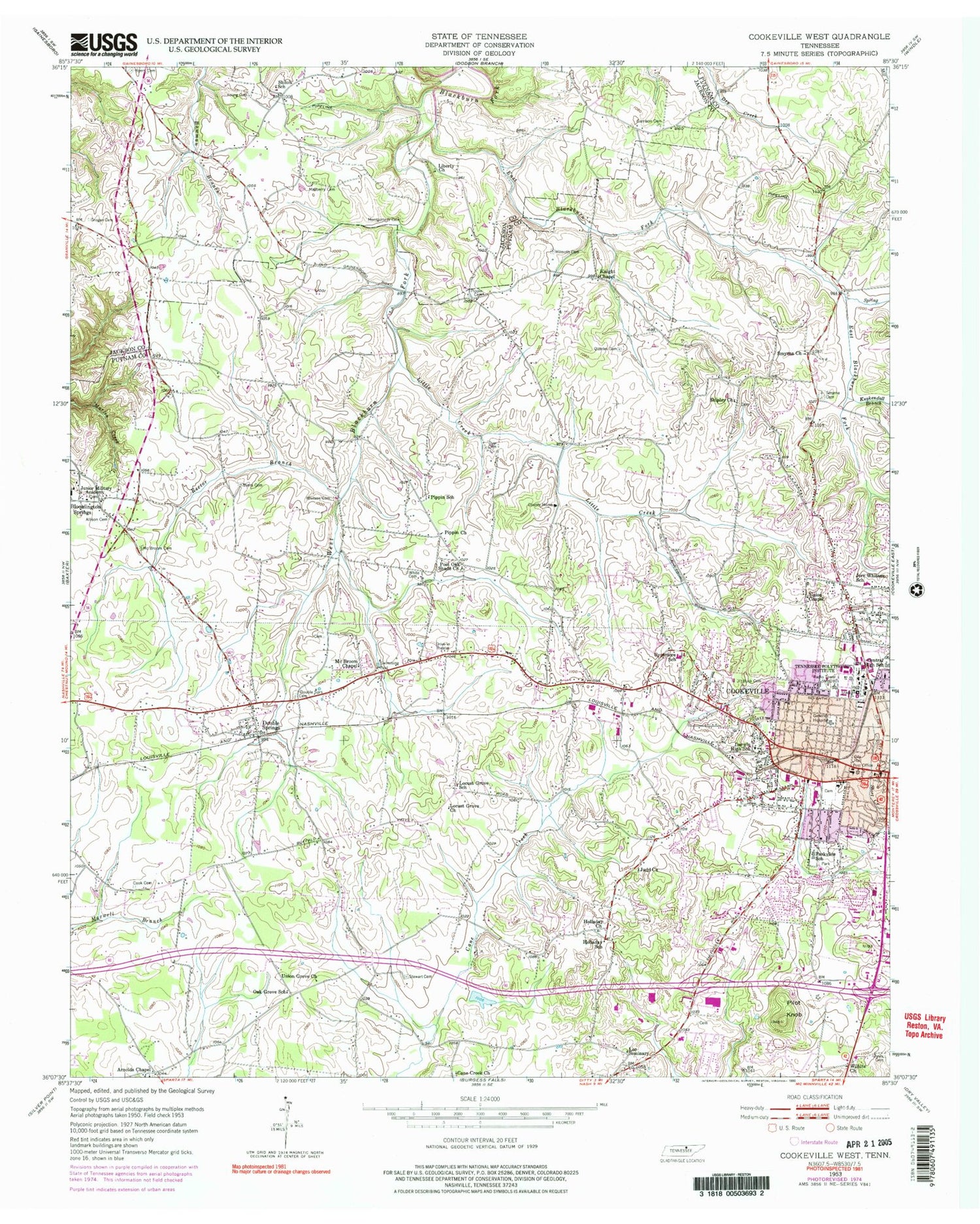 Classic USGS Cookeville West Tennessee 7.5'x7.5' Topo Map Image