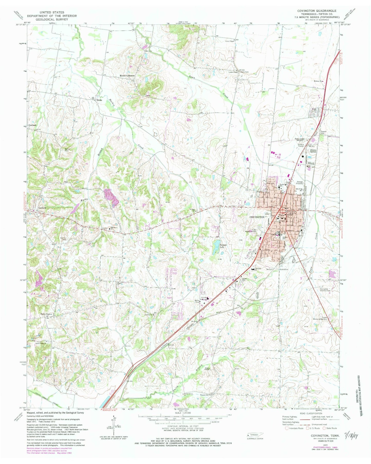 Classic USGS Covington Tennessee 7.5'x7.5' Topo Map Image