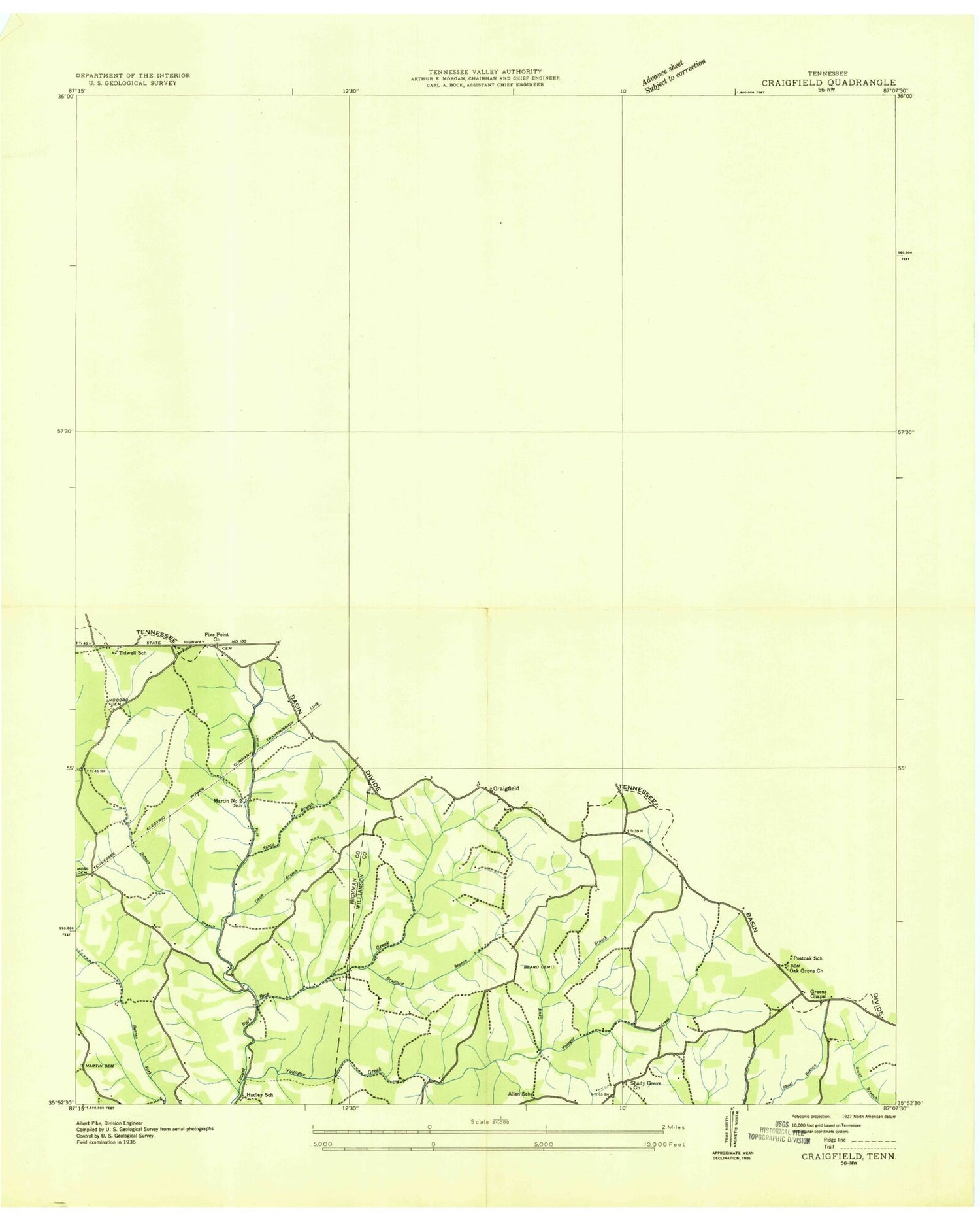 Classic USGS Craigfield Tennessee 7.5'x7.5' Topo Map Image