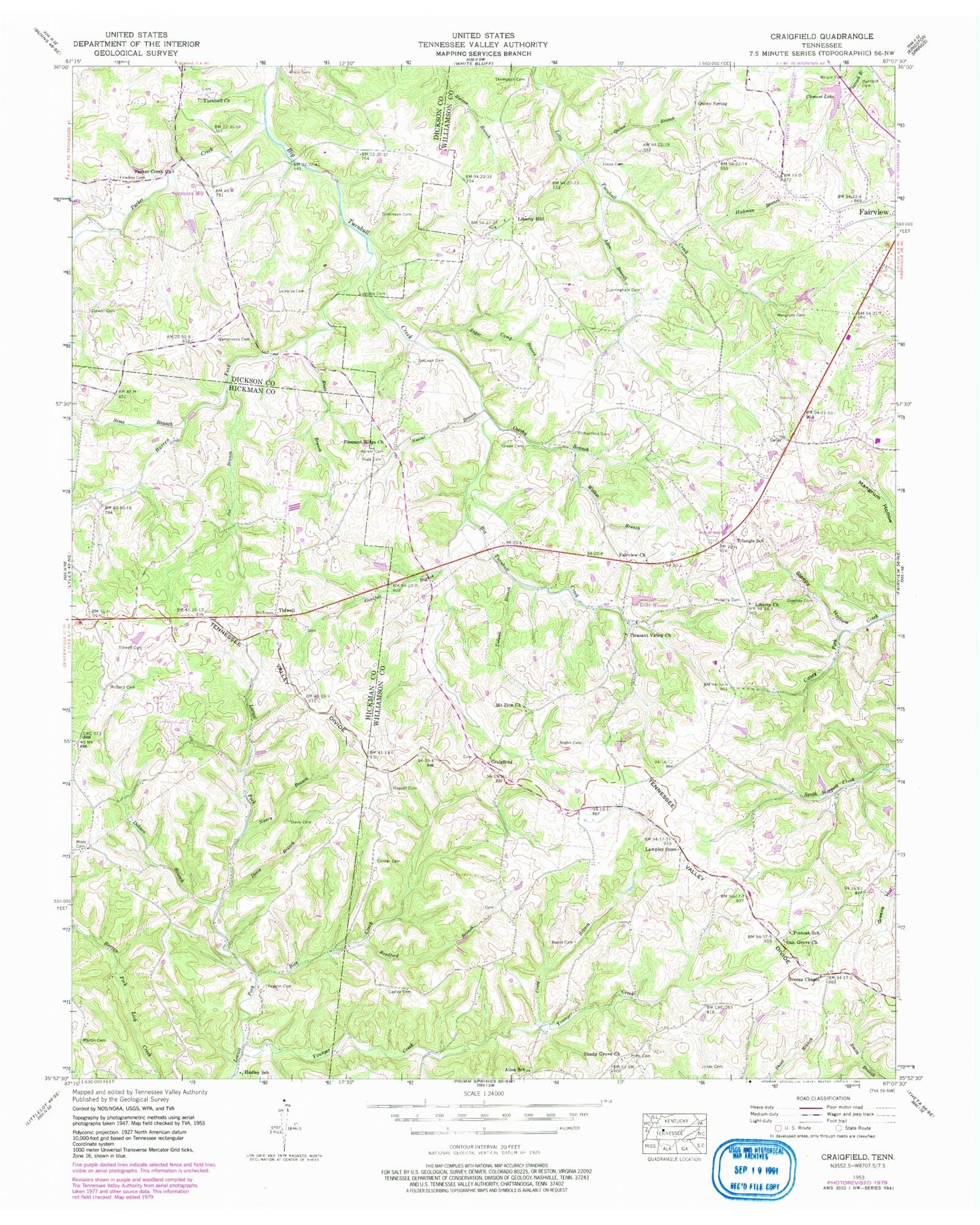 Classic USGS Craigfield Tennessee 7.5'x7.5' Topo Map Image