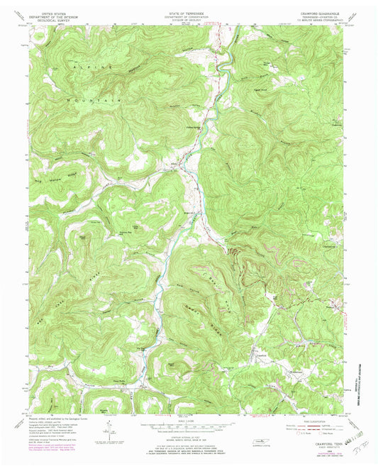 Classic USGS Crawford Tennessee 7.5'x7.5' Topo Map Image