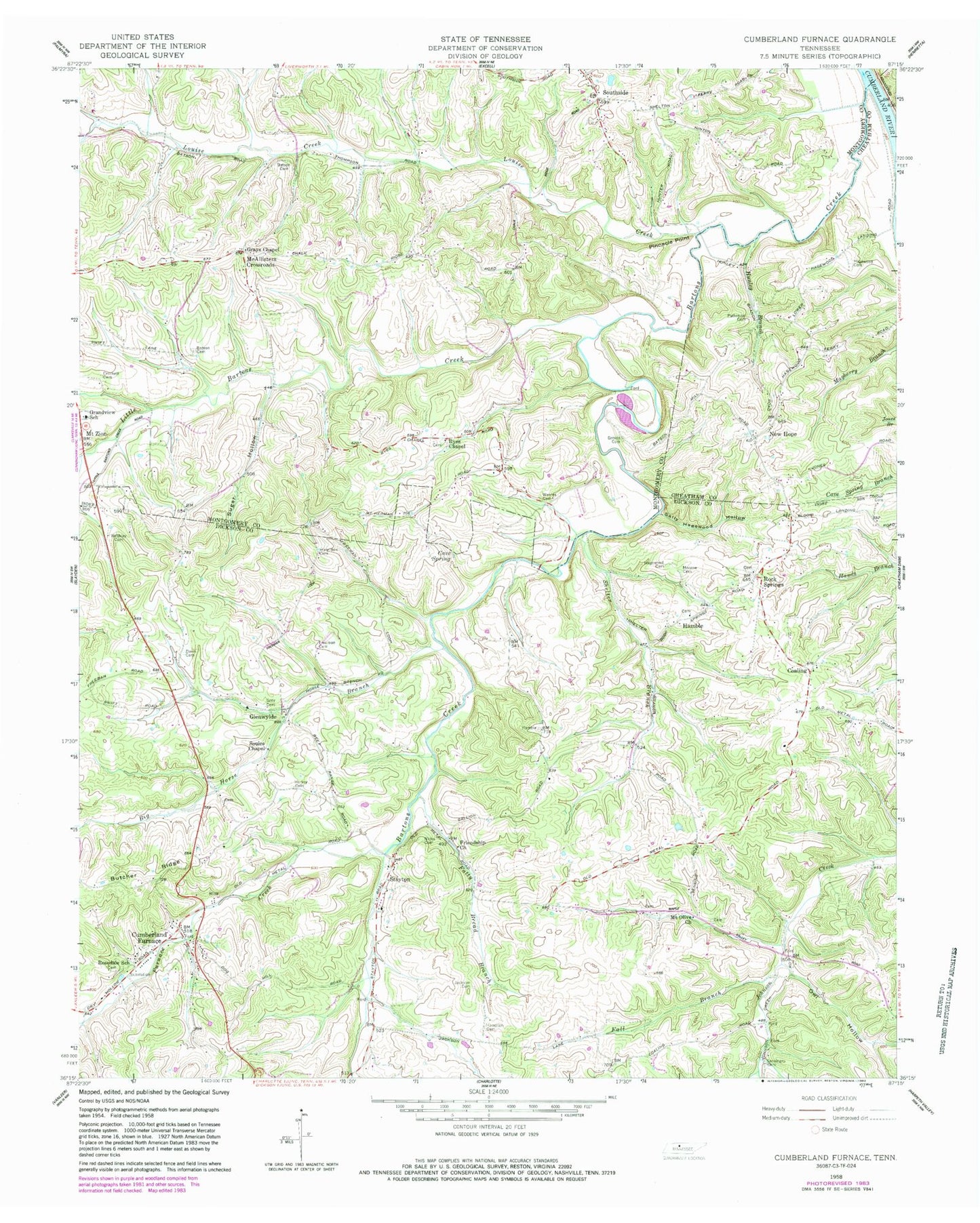 Classic USGS Cumberland Furnace Tennessee 7.5'x7.5' Topo Map Image