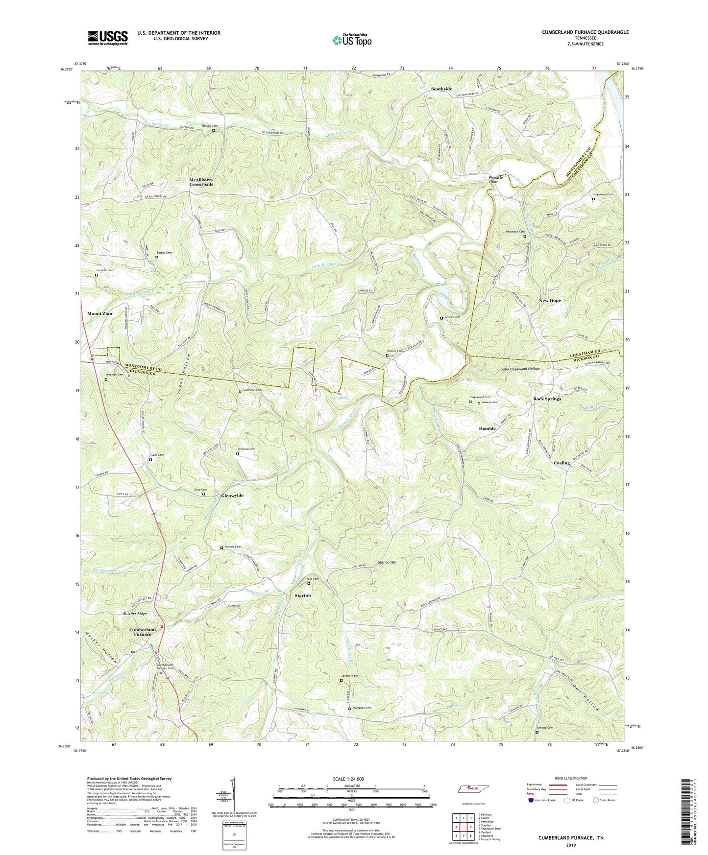 Cumberland Furnace Tennessee US Topo Map Image