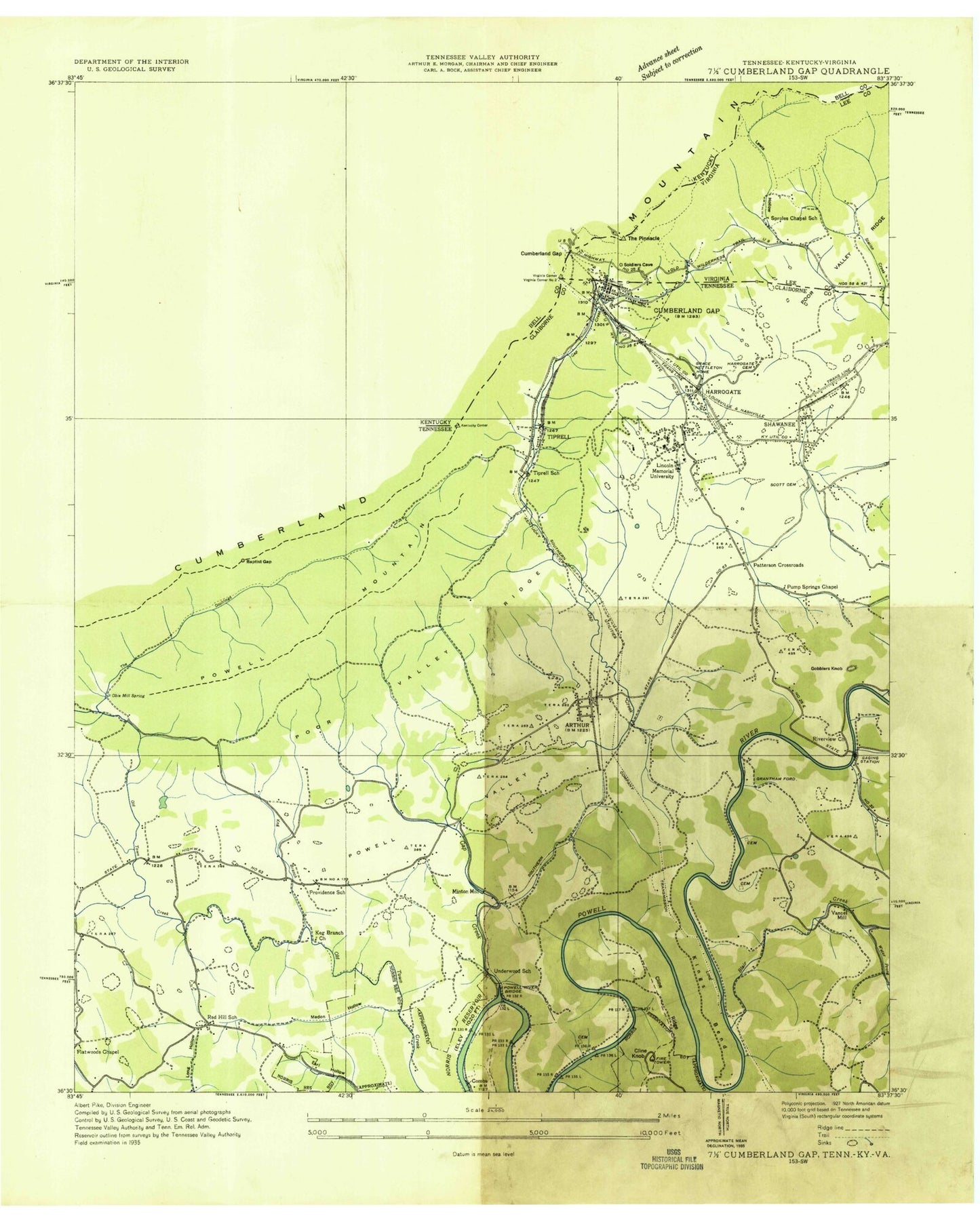 Classic USGS Middlesboro South Kentucky 7.5'x7.5' Topo Map Image