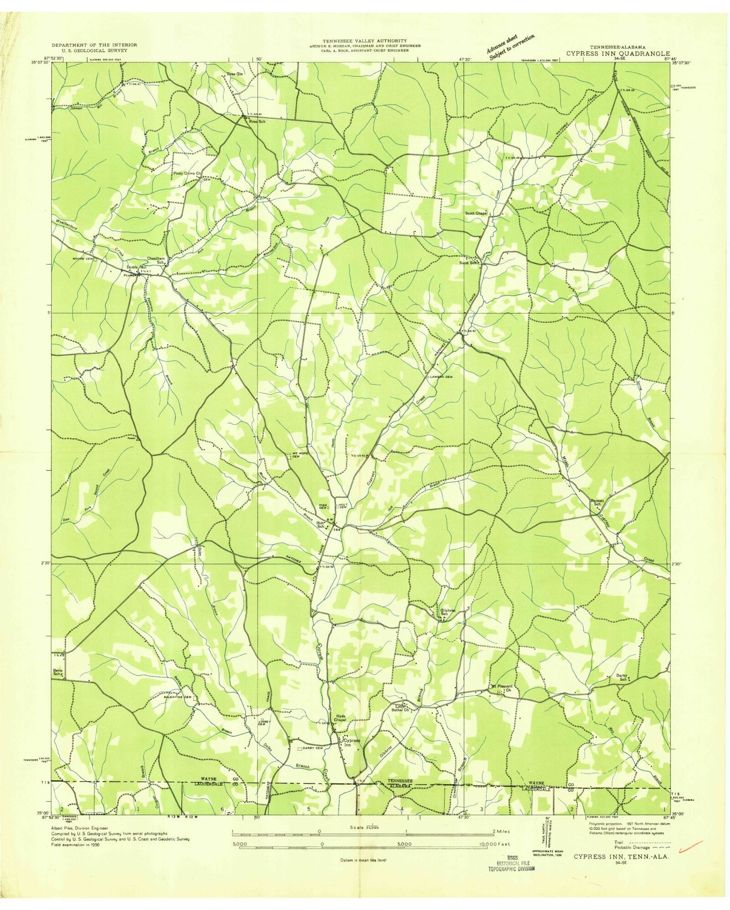 Classic USGS Cypress Inn Tennessee 7.5'x7.5' Topo Map Image