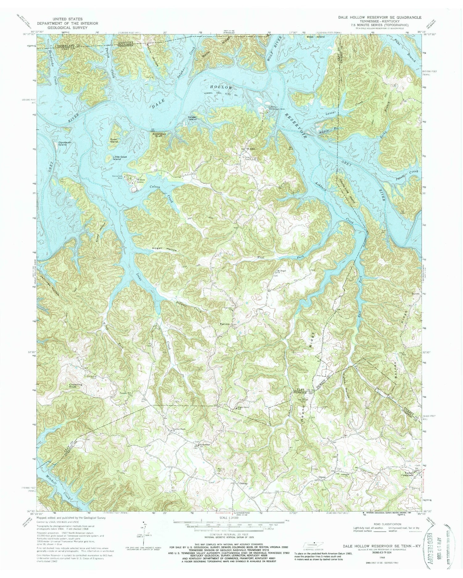 Classic USGS Dale Hollow Reservoir SE Tennessee 7.5'x7.5' Topo Map Image